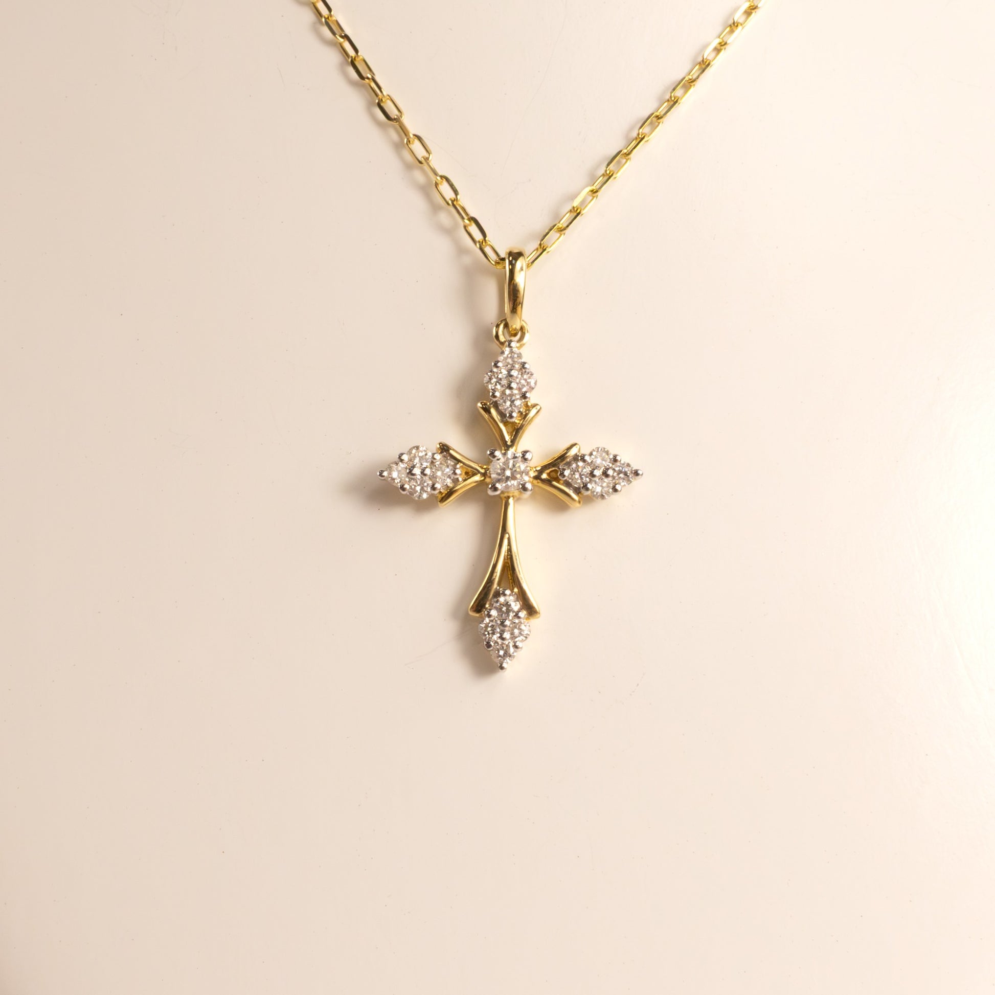 14K Two-Tone Diamond Pointed Cluster Cross Necklace