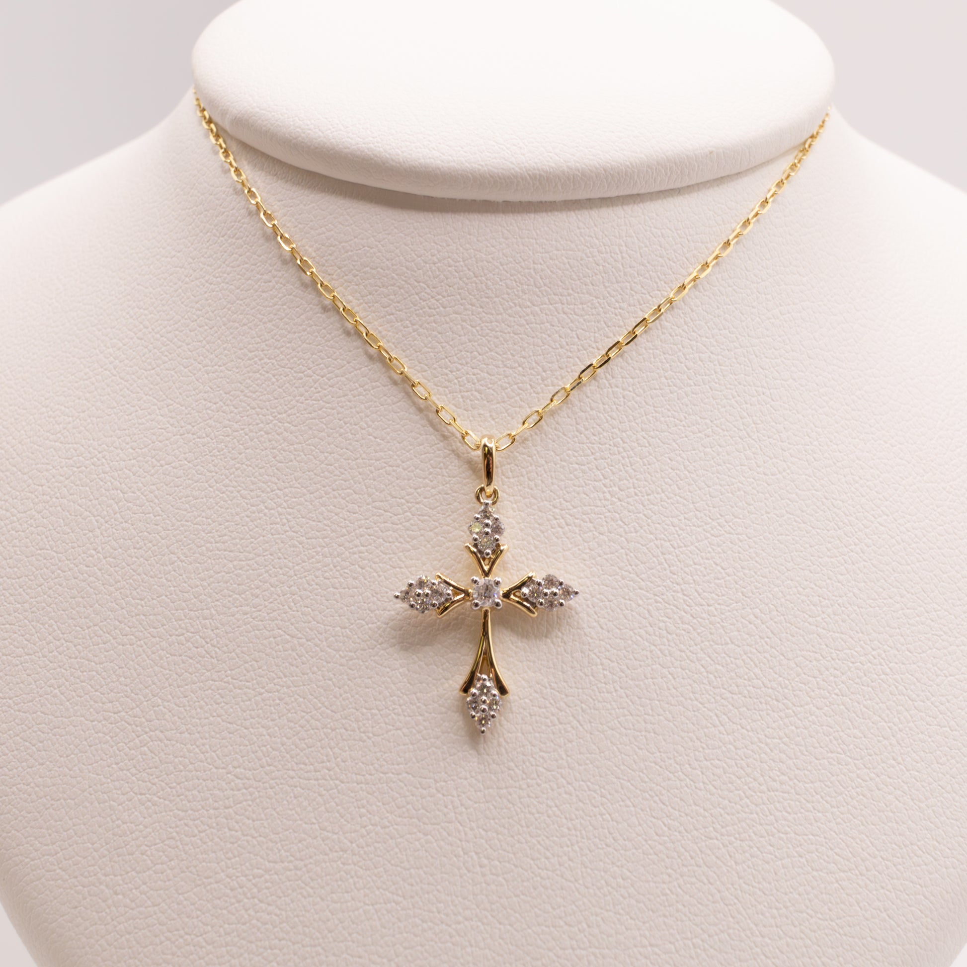 14K Two-Tone Diamond Pointed Cluster Cross Necklace