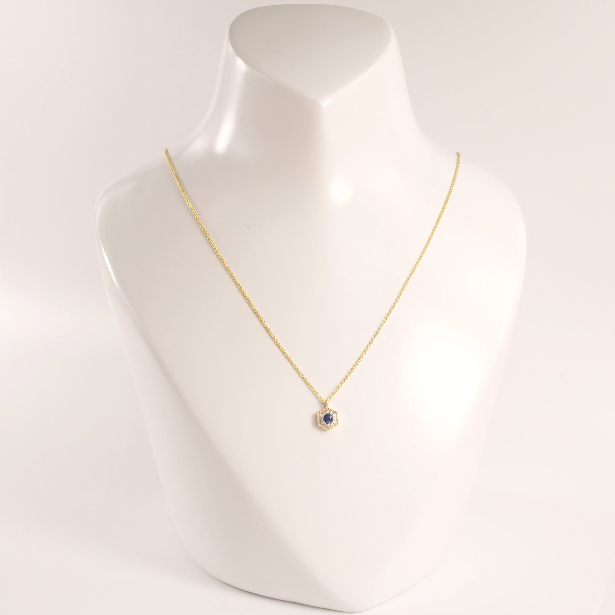 14KYG Blue Sapphire and Diamond Hexagon Necklace