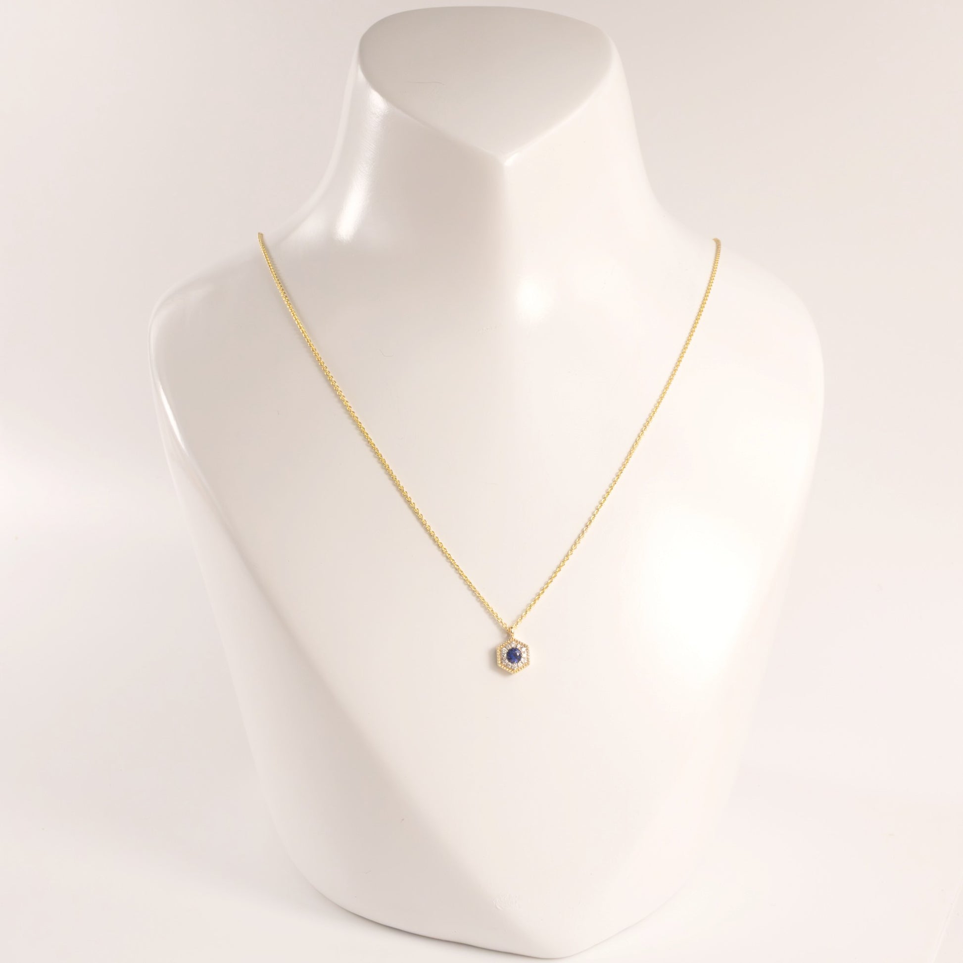 14KYG Blue Sapphire and Diamond Hexagon Necklace