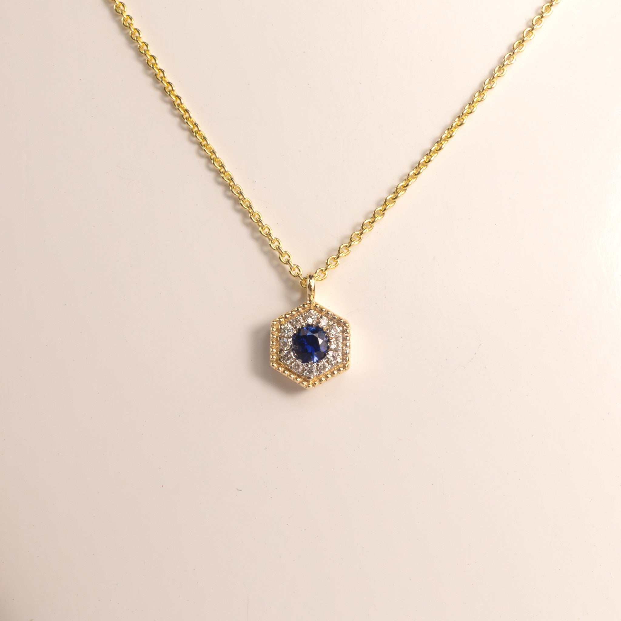 14KYG Blue Sapphire and Diamond Hexagon Necklace
