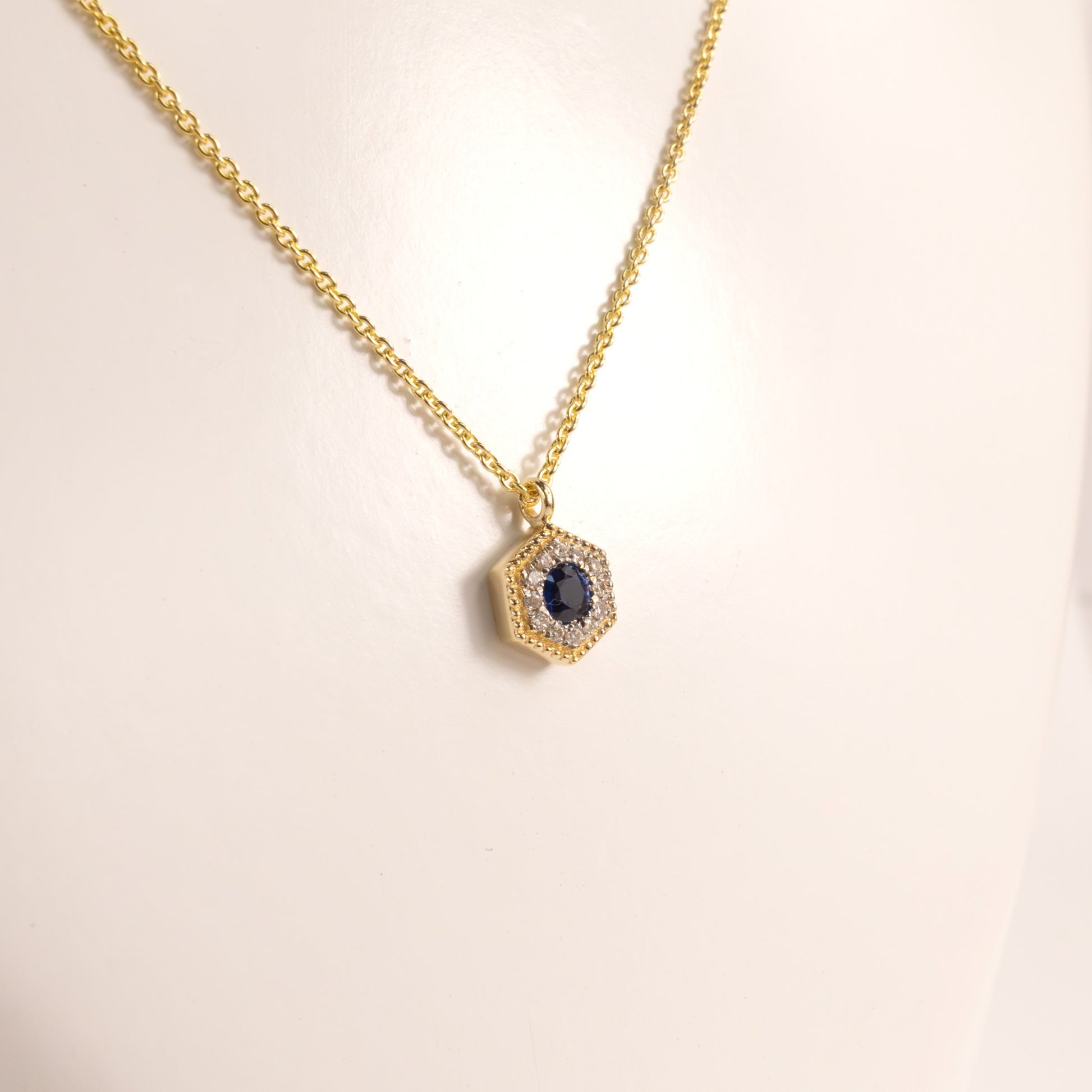 14KYG Blue Sapphire and Diamond Hexagon Necklace
