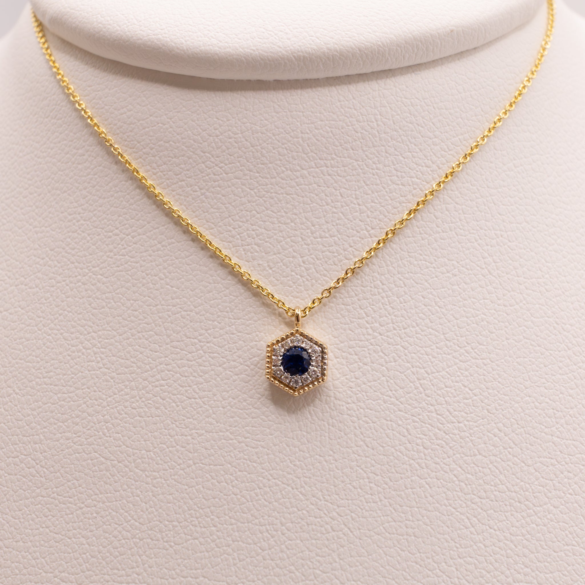 14KYG Blue Sapphire and Diamond Hexagon Necklace