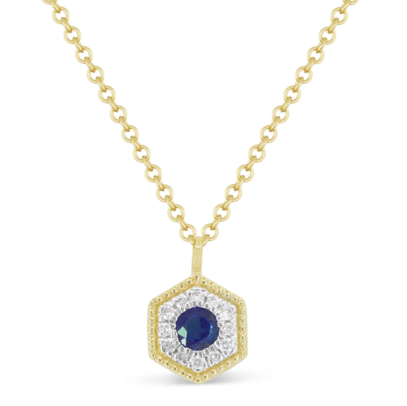 14KYG Blue Sapphire and Diamond Hexagon Necklace