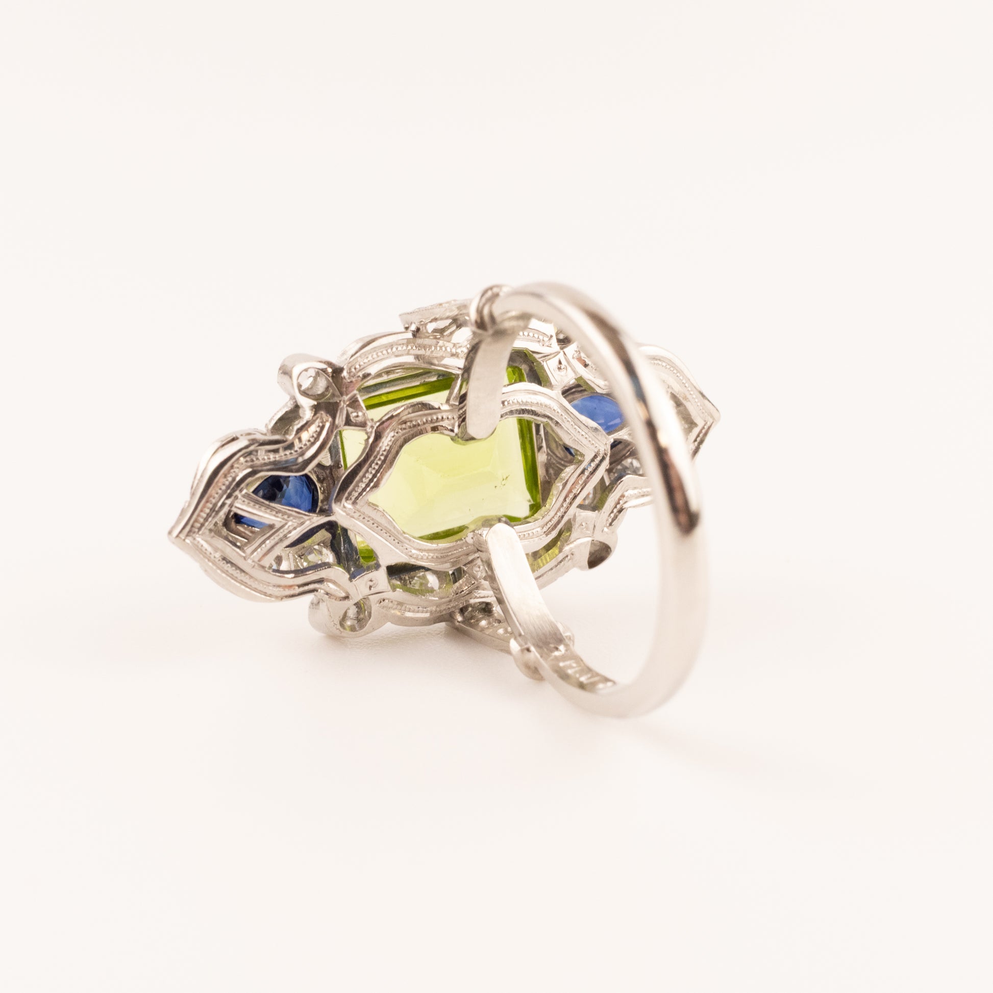 Platinum Vintage Peridot, Sapphire, and Diamond Ring