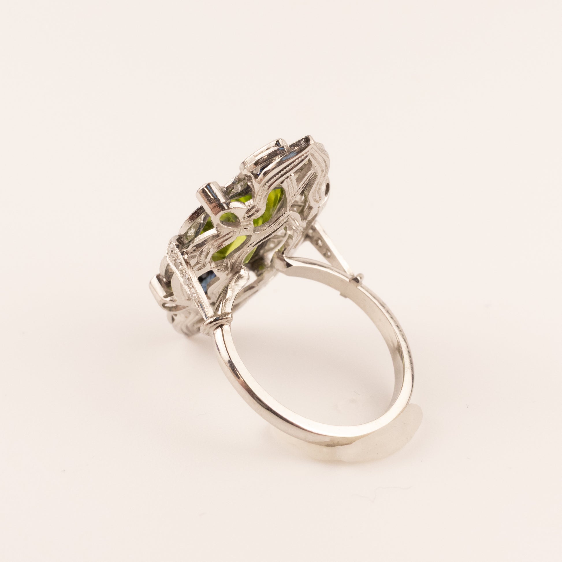 Platinum Vintage Peridot, Sapphire, and Diamond Ring