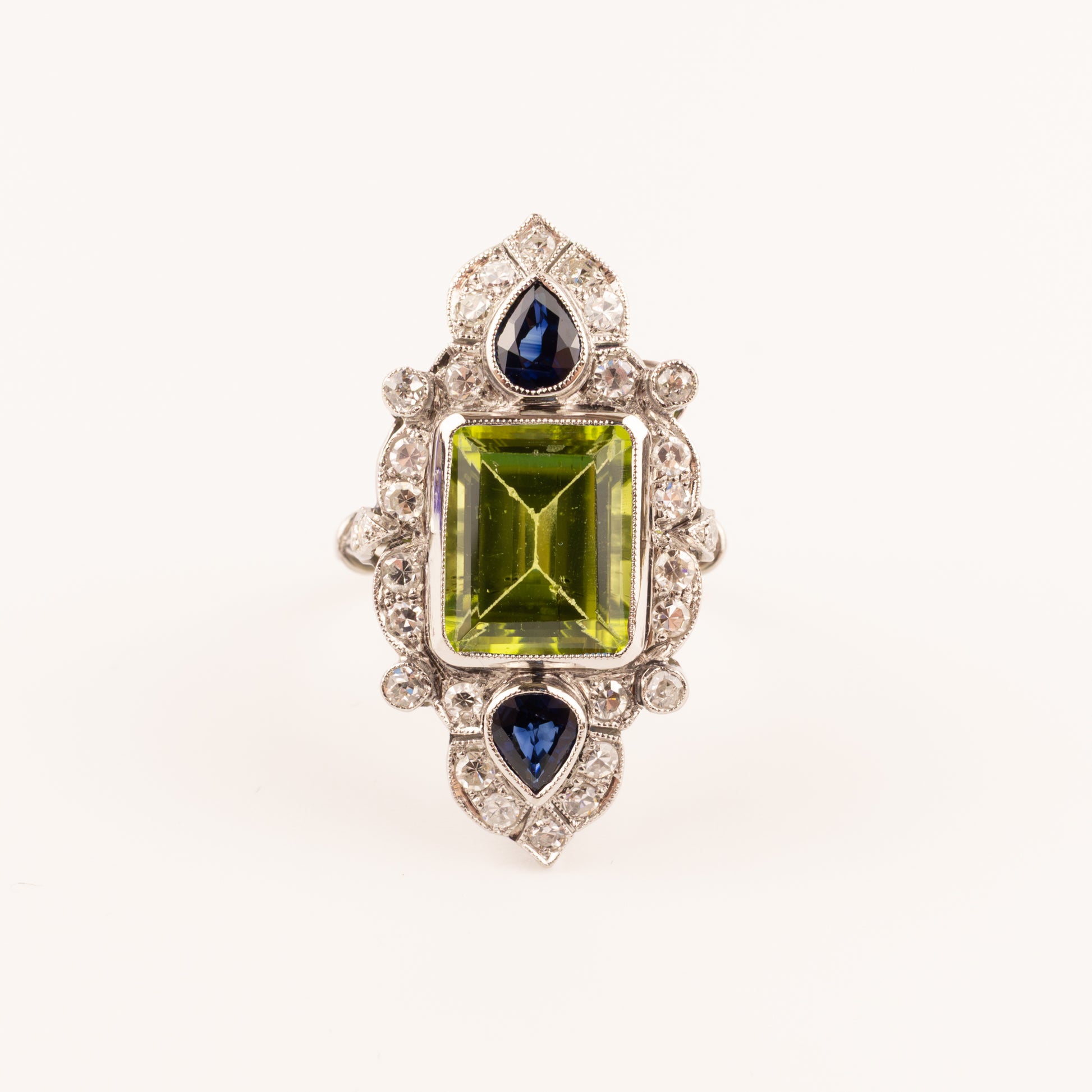 Platinum Vintage Peridot, Sapphire, and Diamond Ring