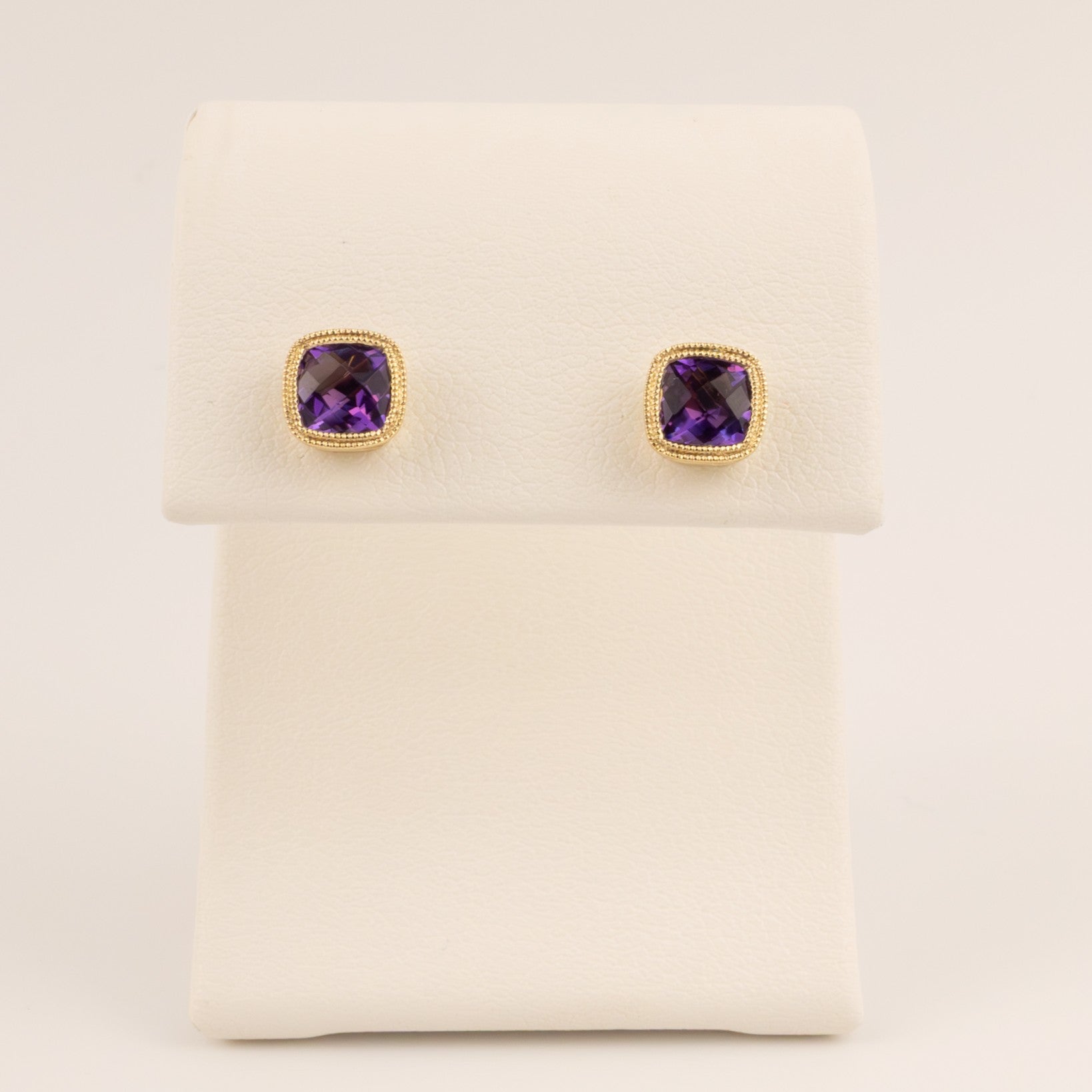 14KYG Amethyst Cushion Milgrain Border Stud Earrings