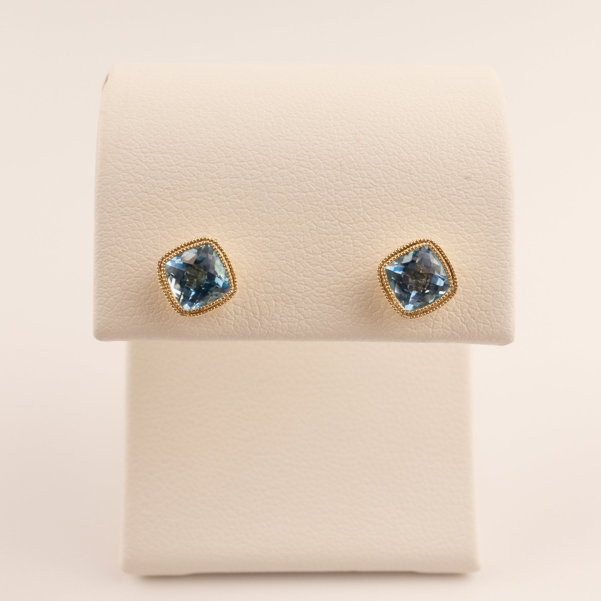 14KYG London Blue Topaz Cushion Milgrain Border Stud Earrings