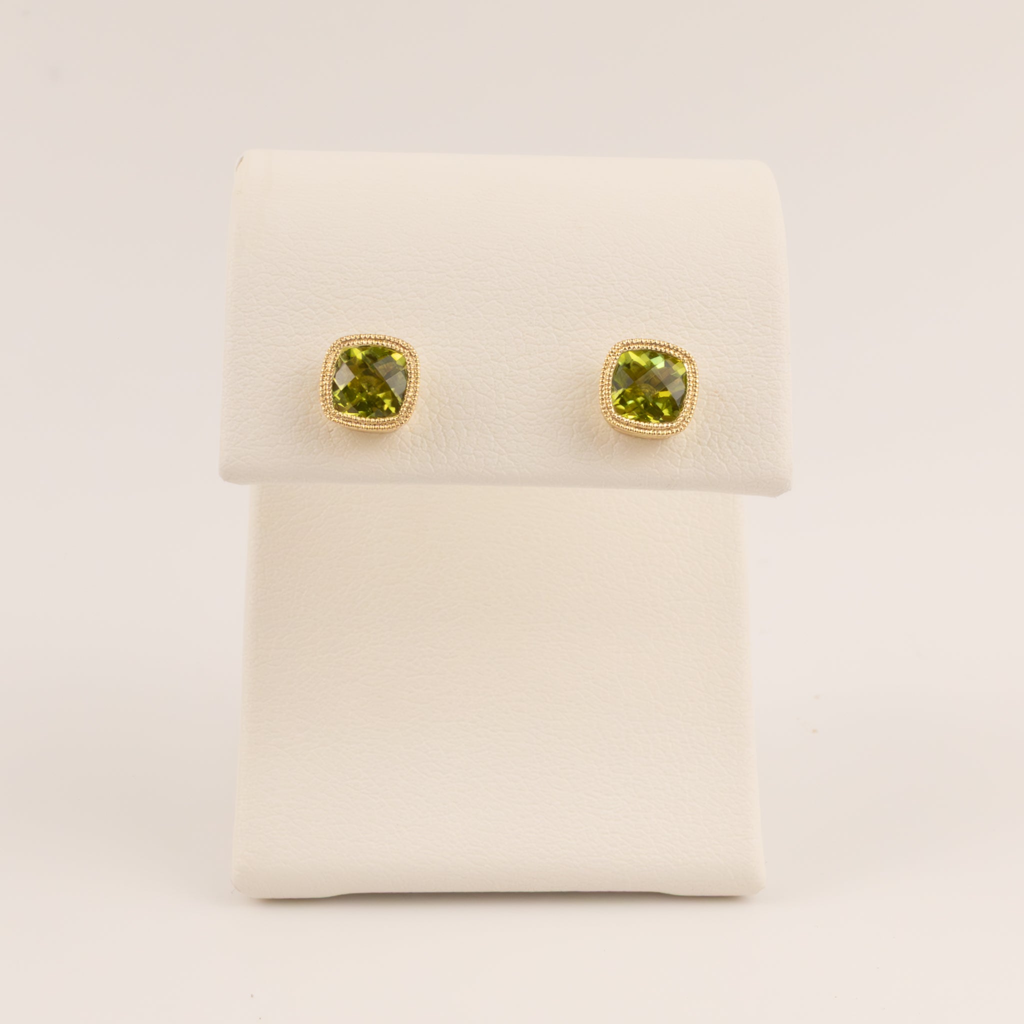 14KYG Peridot Cushion Milrgain Border Stud Earrings
