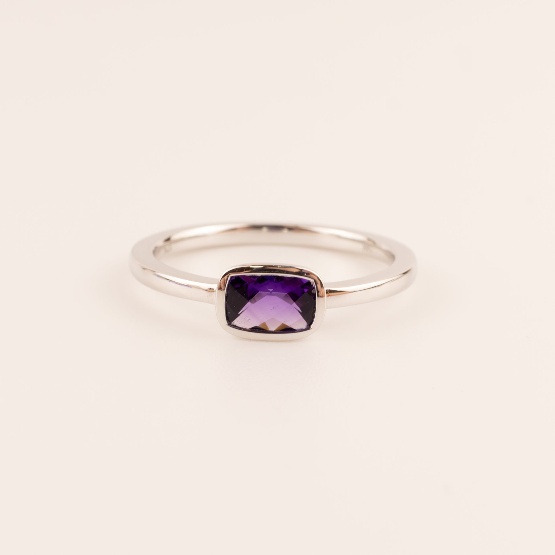 14KWG Amethyst Cushion Cut Bezel Set Ring