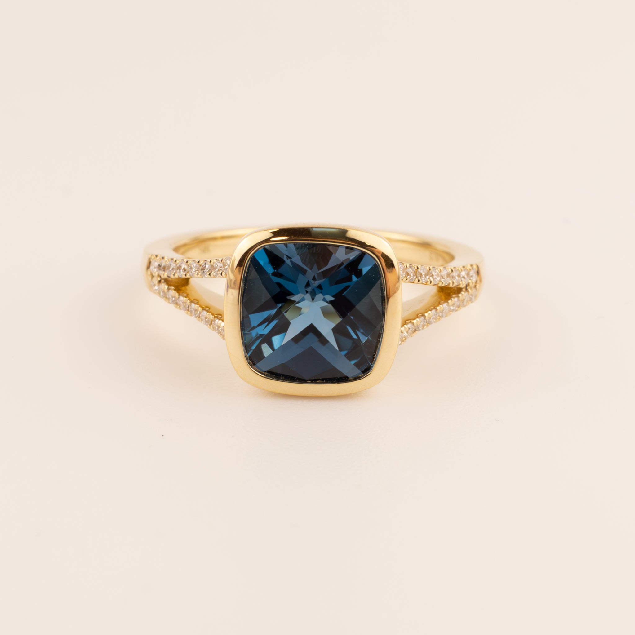 14KYG London Blue Topaz and Diamond Split Shank Ring