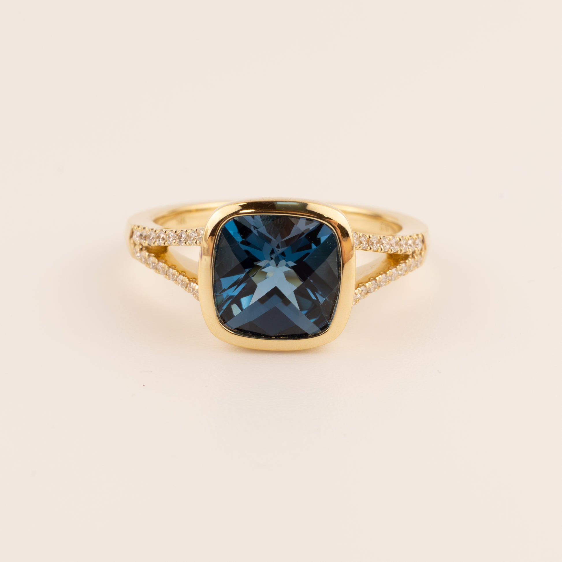 14KYG London Blue Topaz and Diamond Split Shank Ring