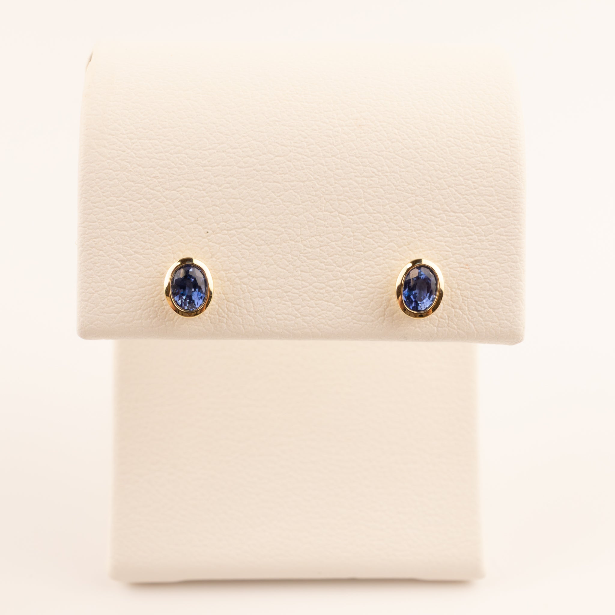 14KYG Blue Sapphire Bezel Set Oval Stud Earrings