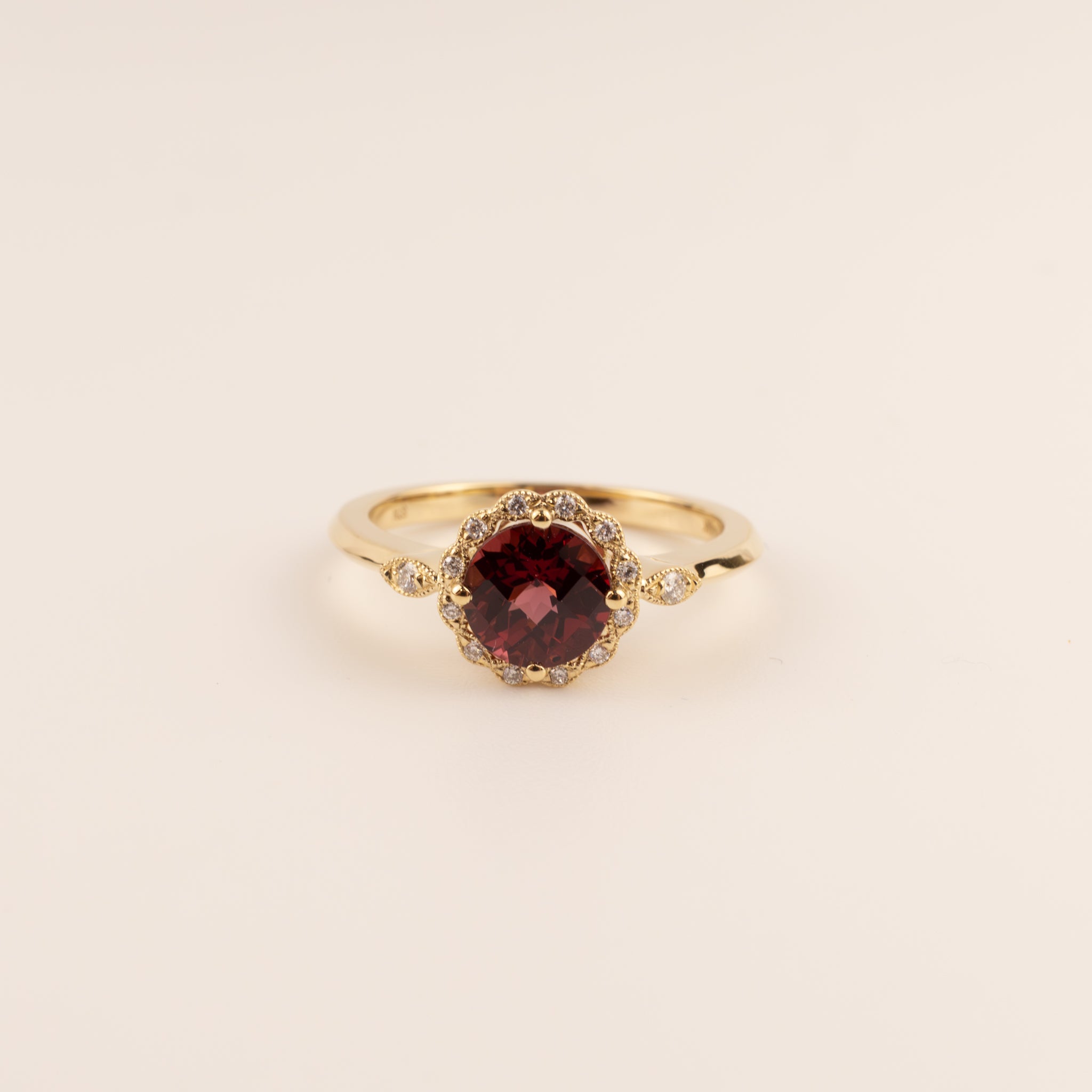 14KYG Rhodolite Garnet and Diamond Halo Ring