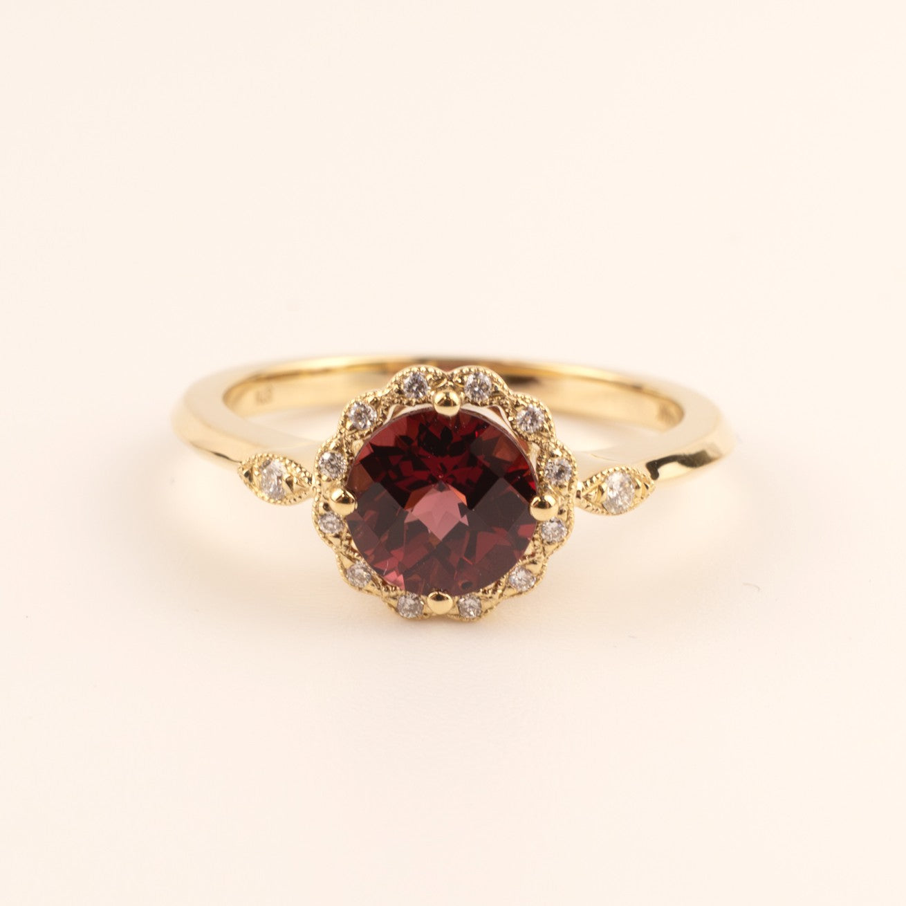 14KYG Rhodolite Garnet and Diamond Halo Ring
