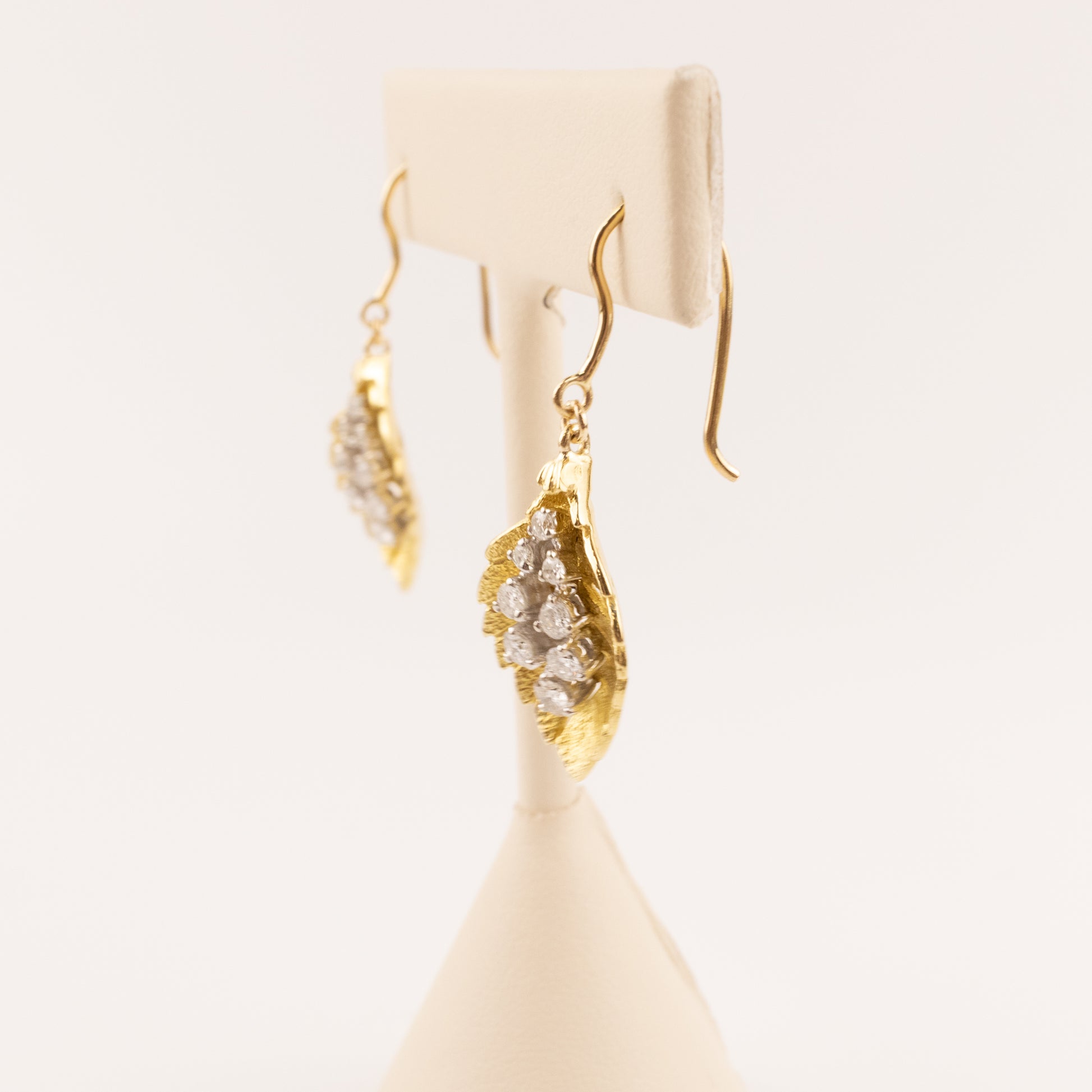 18KYG Diamond Cluster Leaf Dangle Earrings