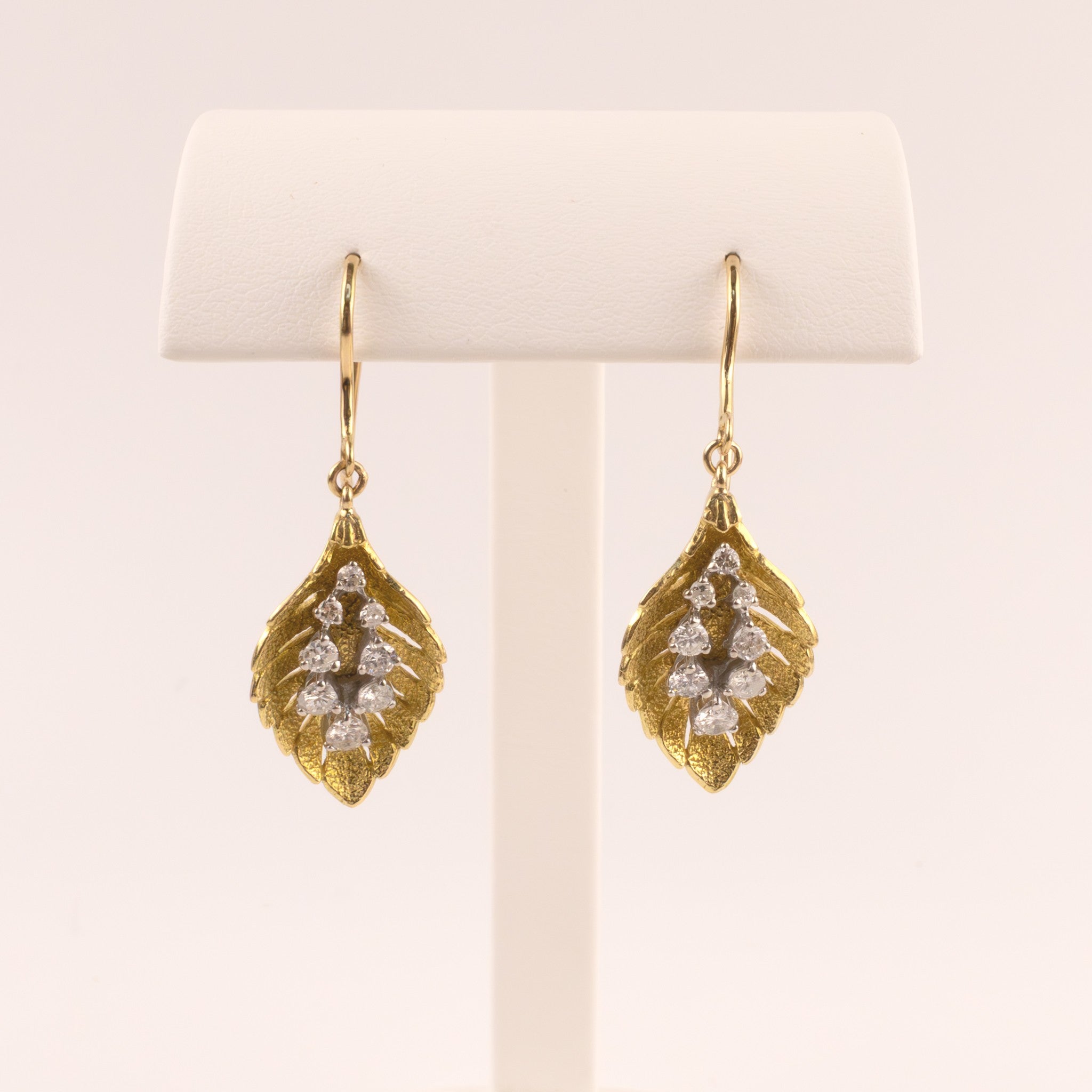 18KYG Diamond Cluster Leaf Dangle Earrings