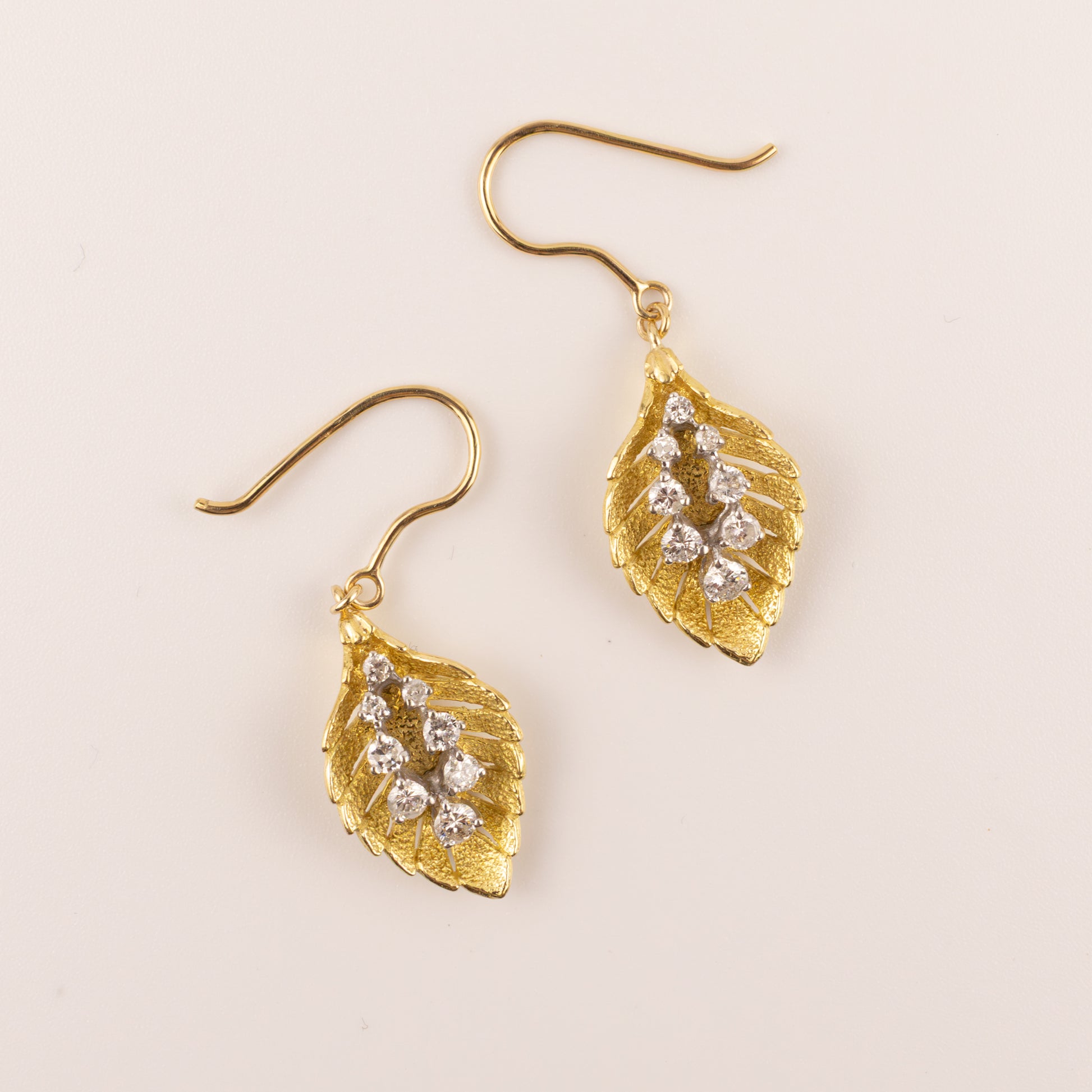 18KYG Diamond Cluster Leaf Dangle Earrings