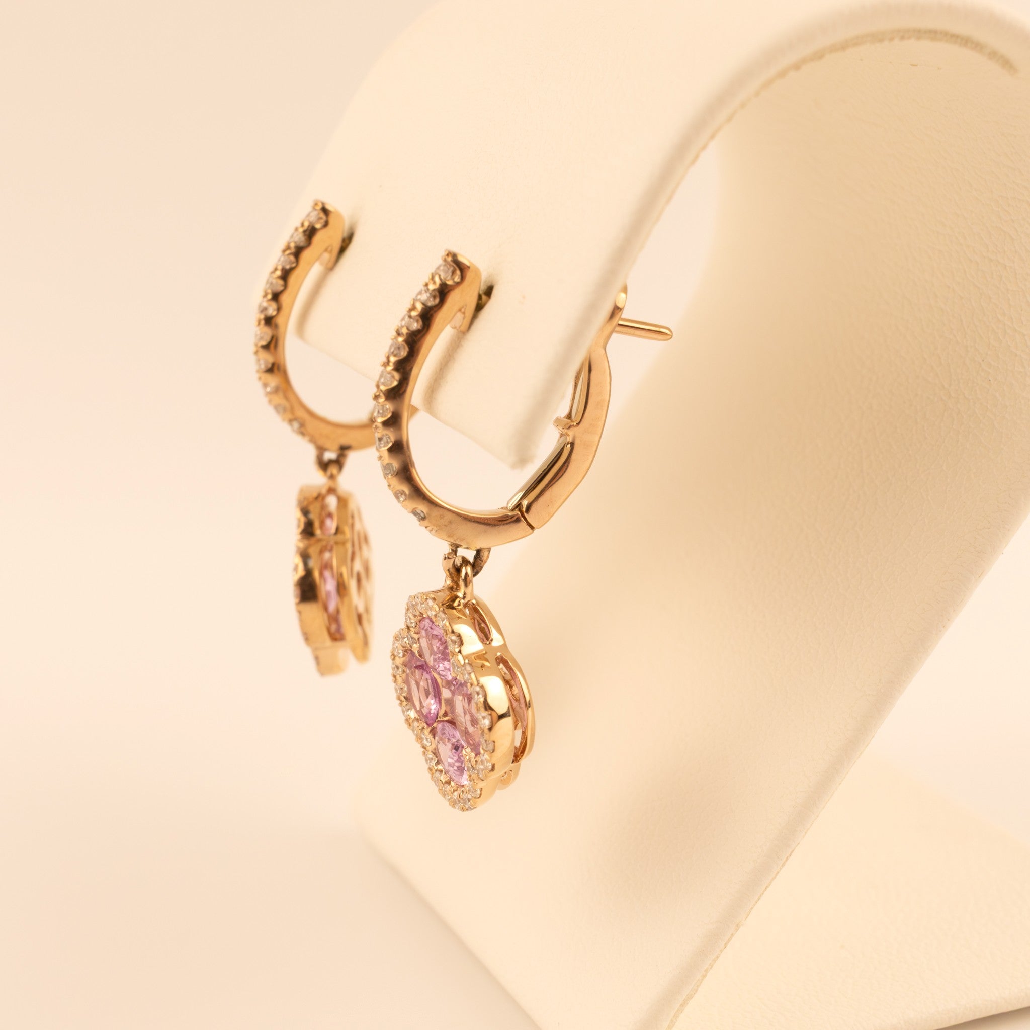 14KRG Pink Sapphire and Diamond Clover Drop Dangle Earrings