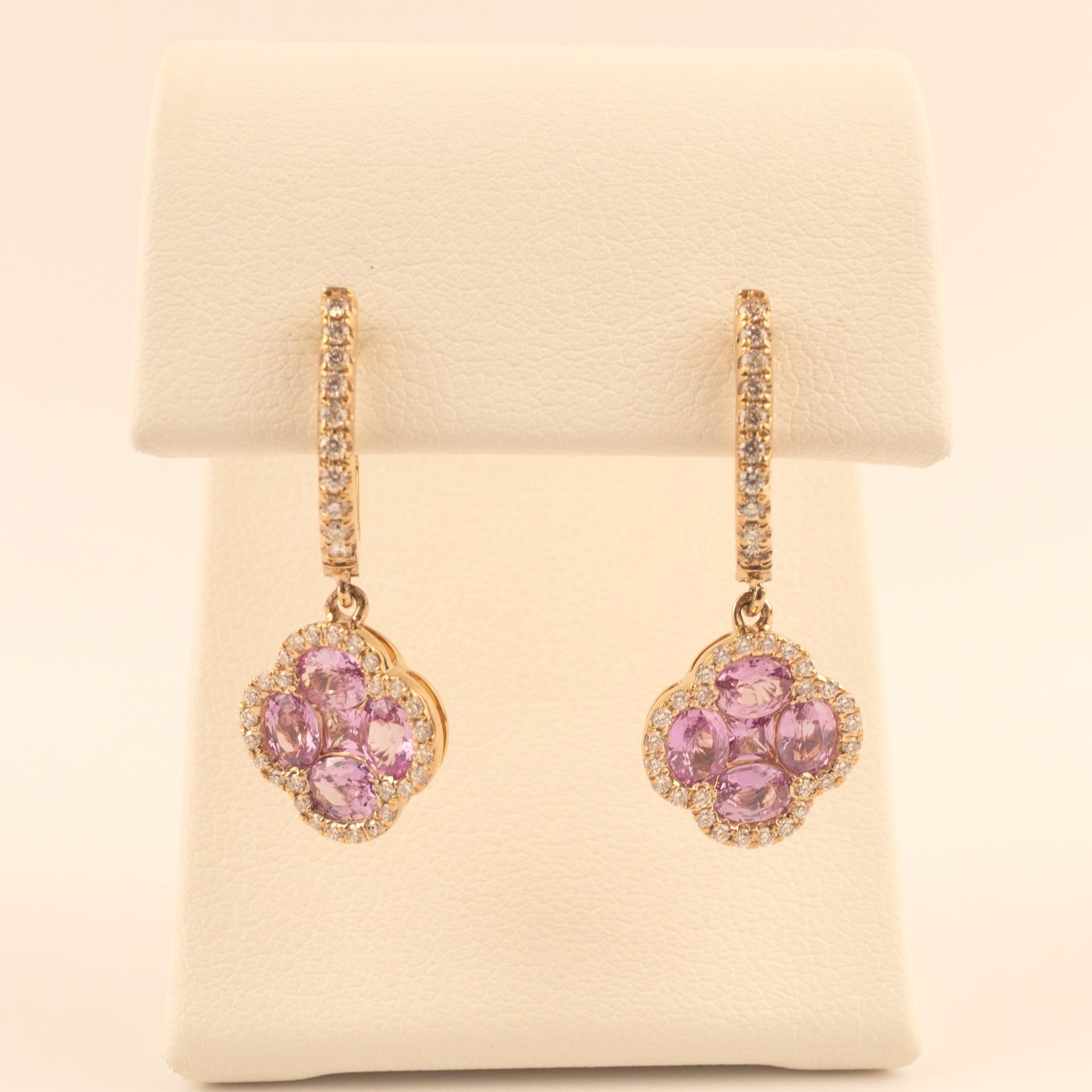 14KRG Pink Sapphire and Diamond Clover Drop Dangle Earrings