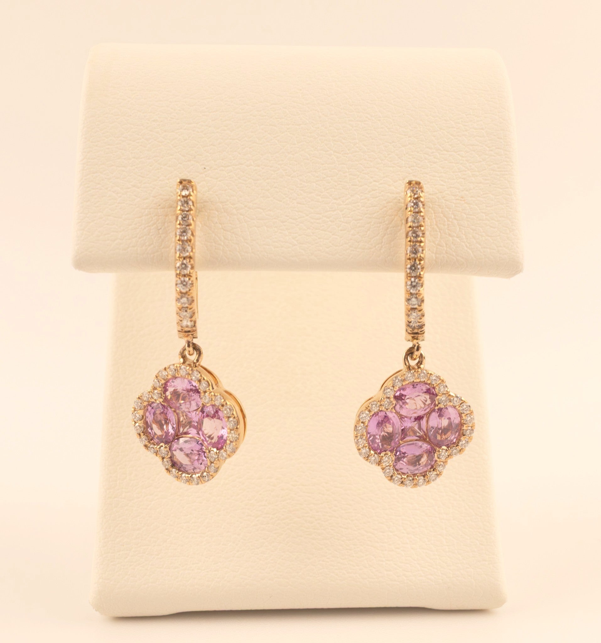 14KRG Pink Sapphire and Diamond Clover Drop Dangle Earrings
