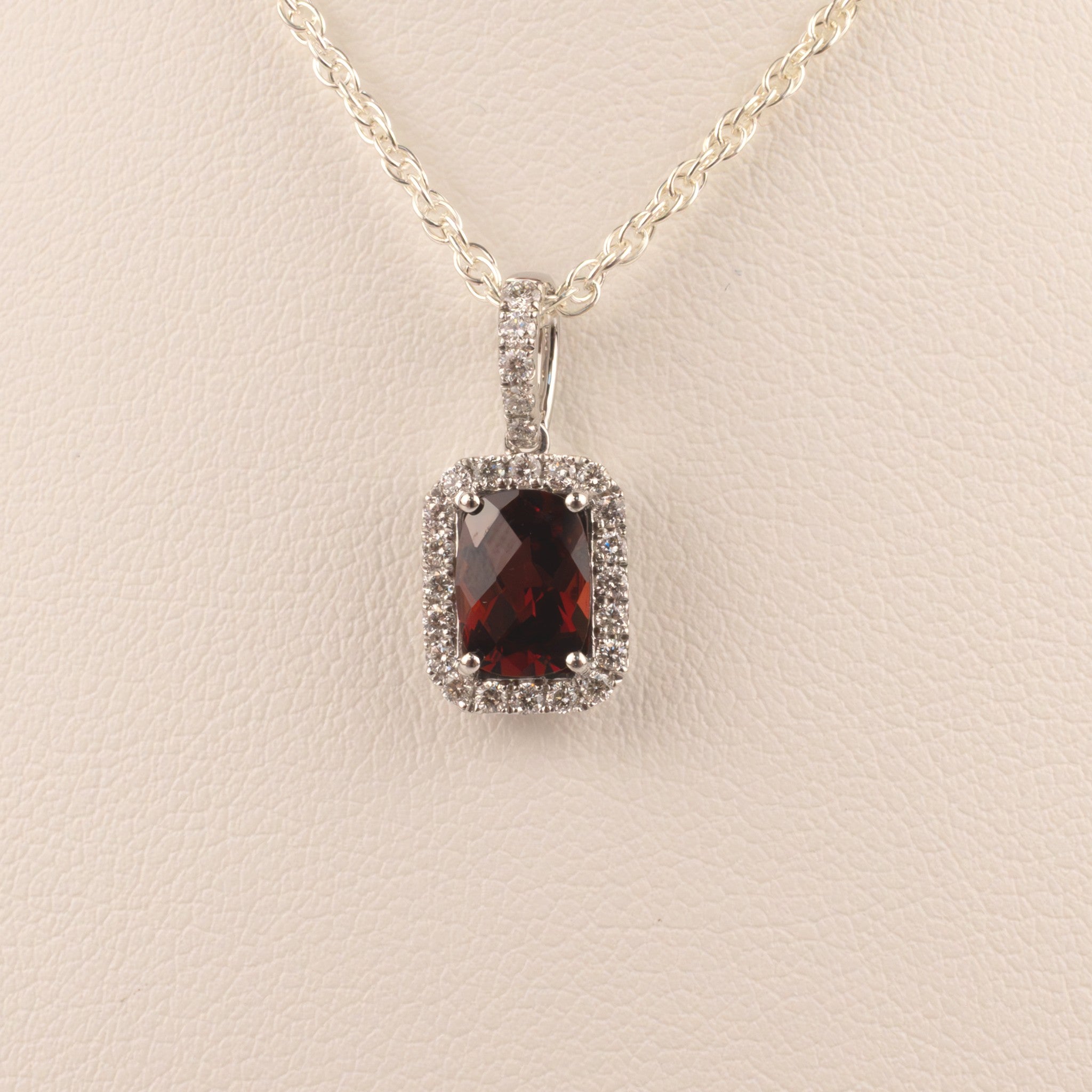 14KWG Garnet and Diamond Halo Pendant