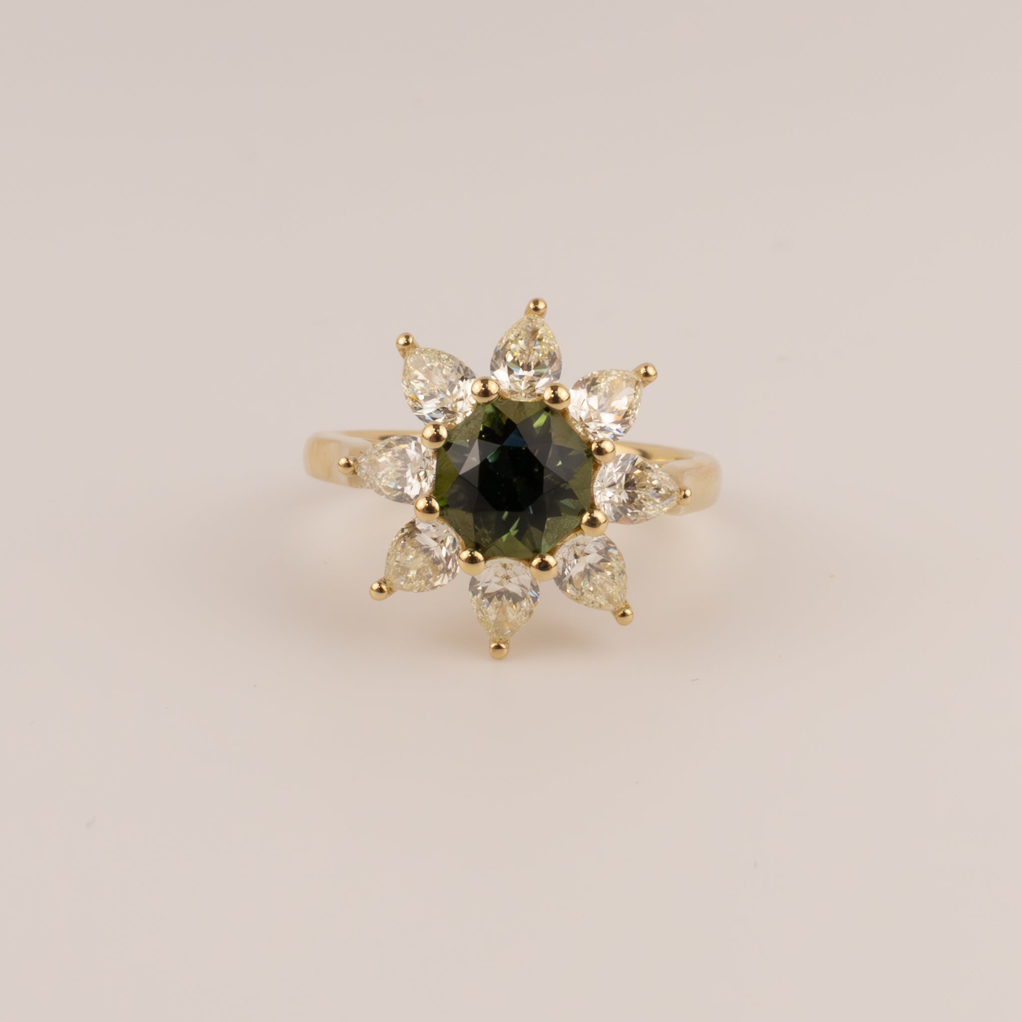 14KYG Green Tourmaline and Diamond Flower Halo Ring