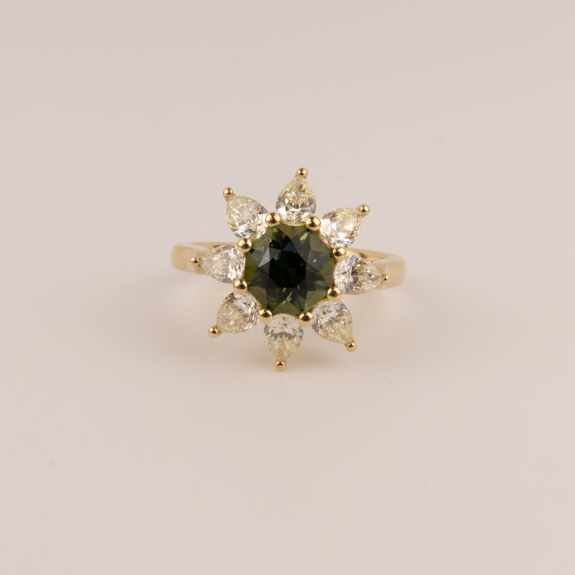 14KYG Green Tourmaline and Diamond Flower Halo Ring