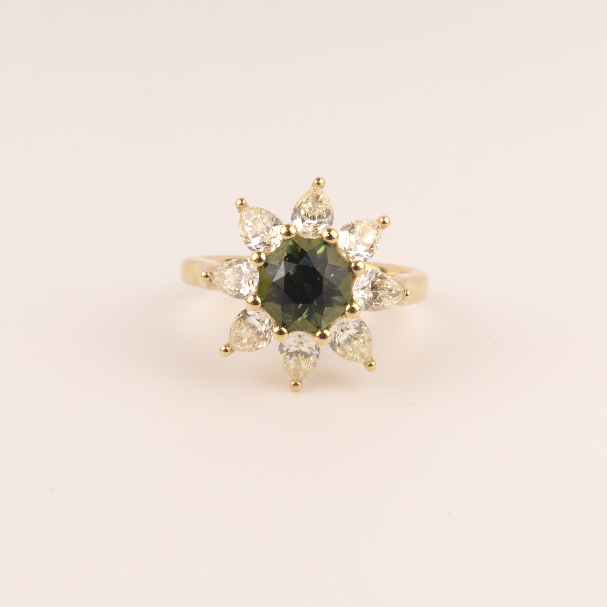 14KYG Green Tourmaline and Diamond Flower Halo Ring