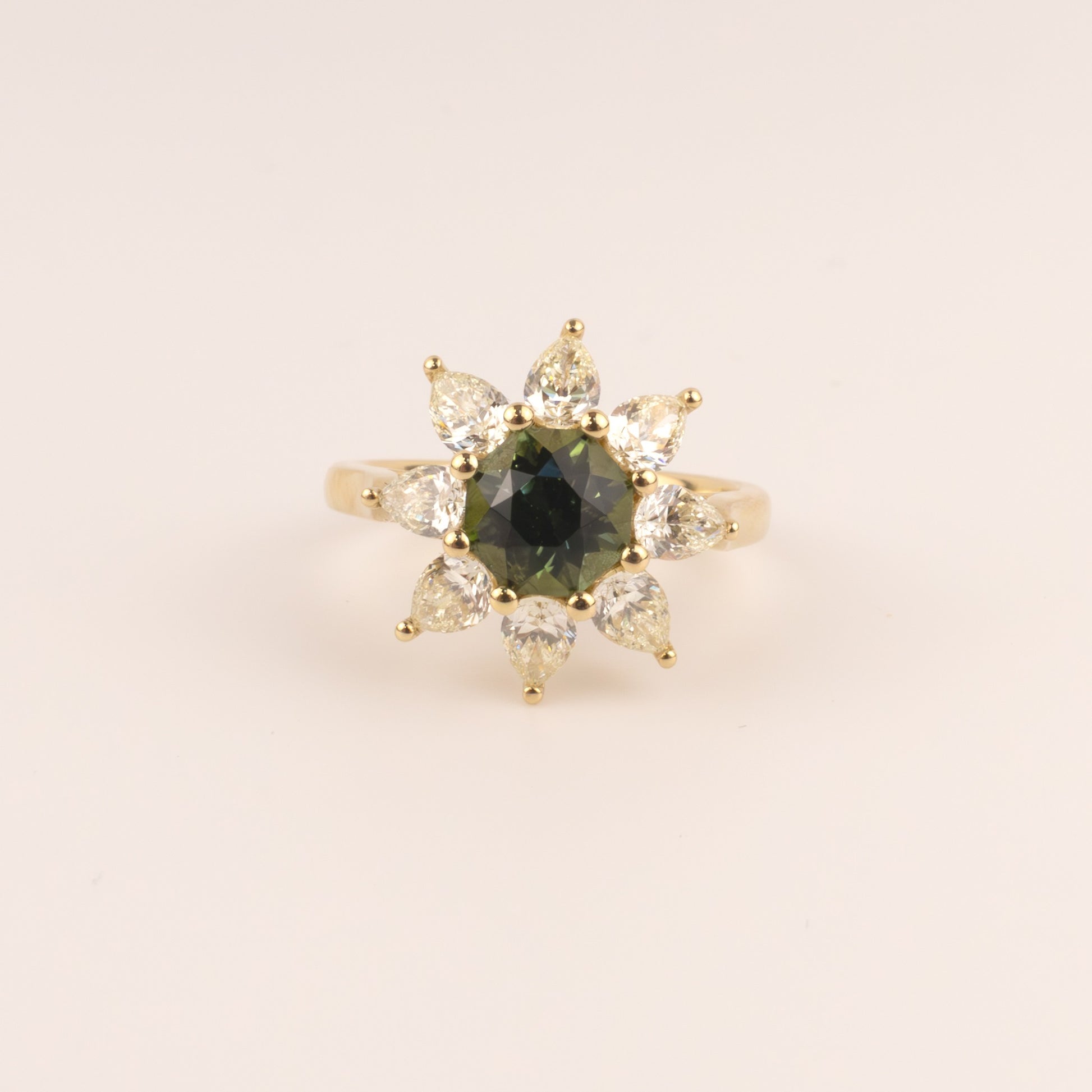 14KYG Green Tourmaline and Diamond Flower Halo Ring