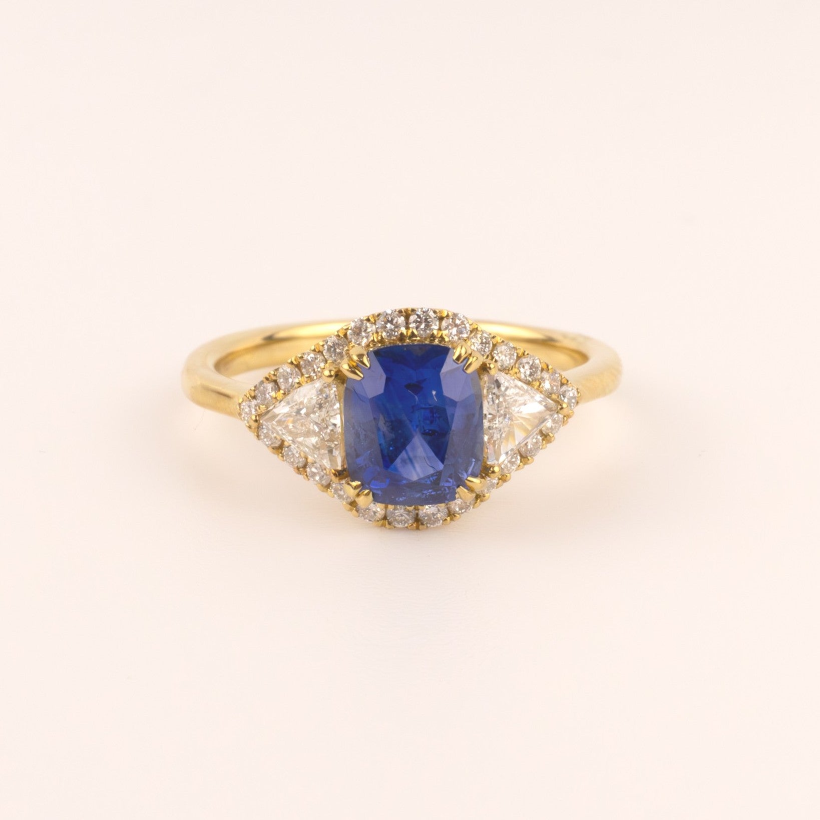 18KYG Sapphire and Diamond Trillion and Halo Ring