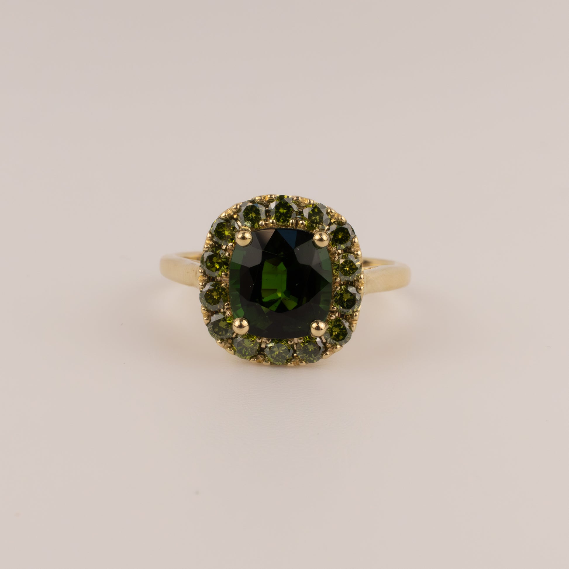 14KYG Green Tourmaline and Tzavorite Halo Ring