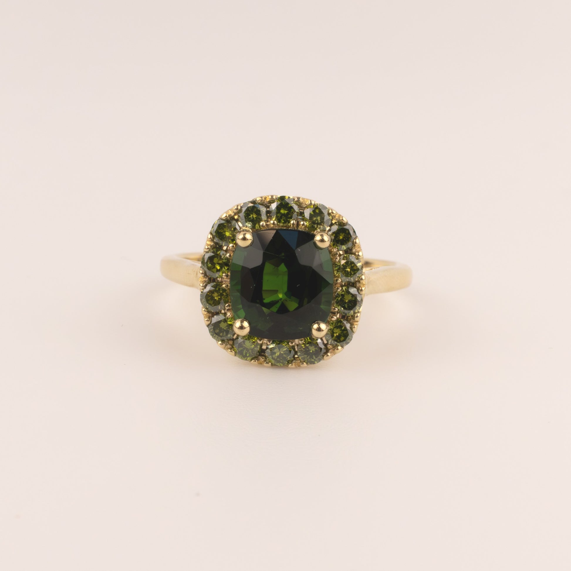 14KYG Green Tourmaline and Tzavorite Halo Ring
