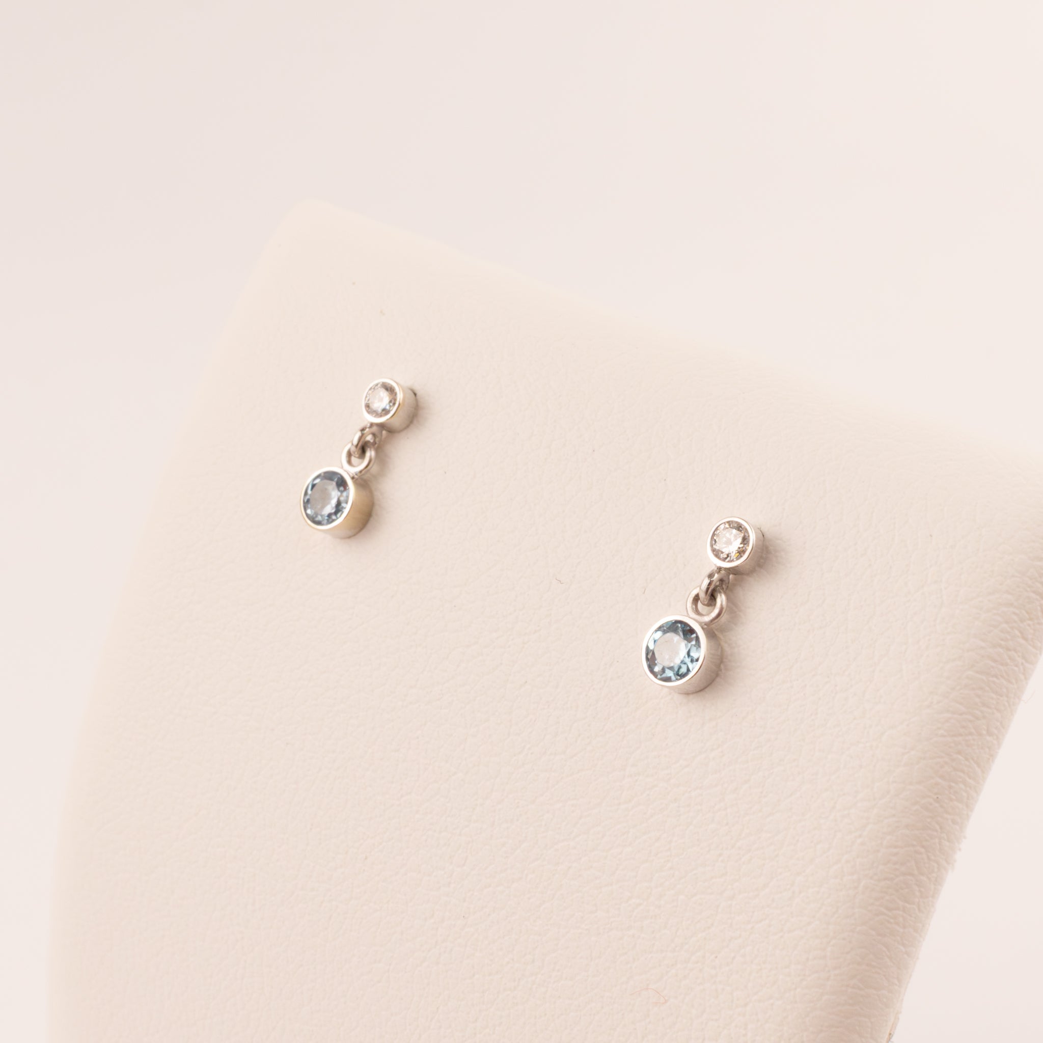 14KWG Blue Zircon and Diamond Bezel Set Drop Earrings