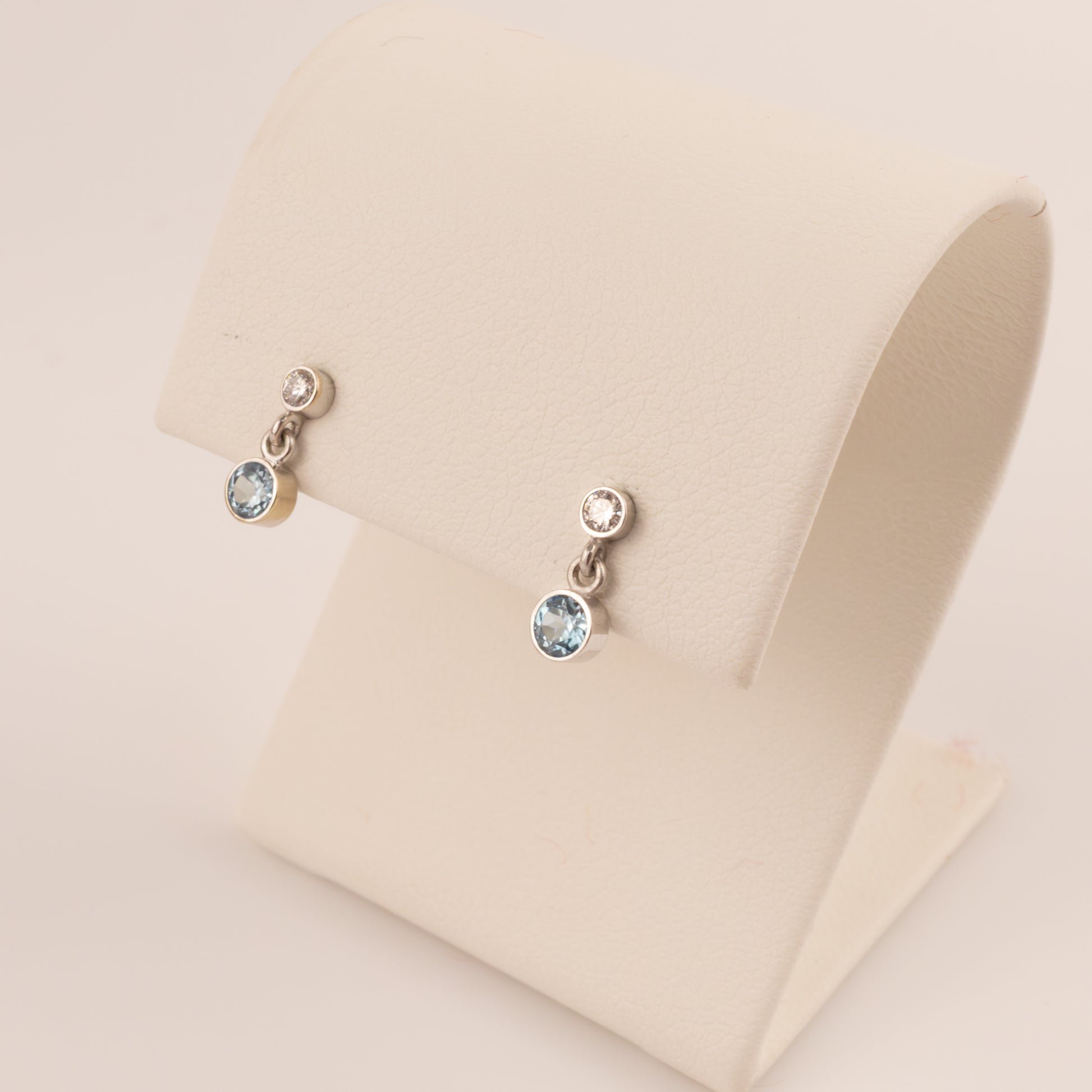 14KWG Blue Zircon and Diamond Bezel Set Drop Earrings