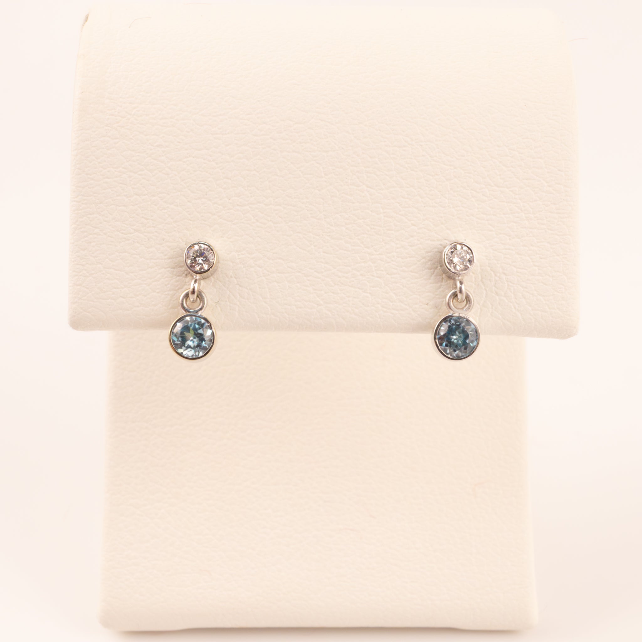14KWG Blue Zircon and Diamond Bezel Set Drop Earrings