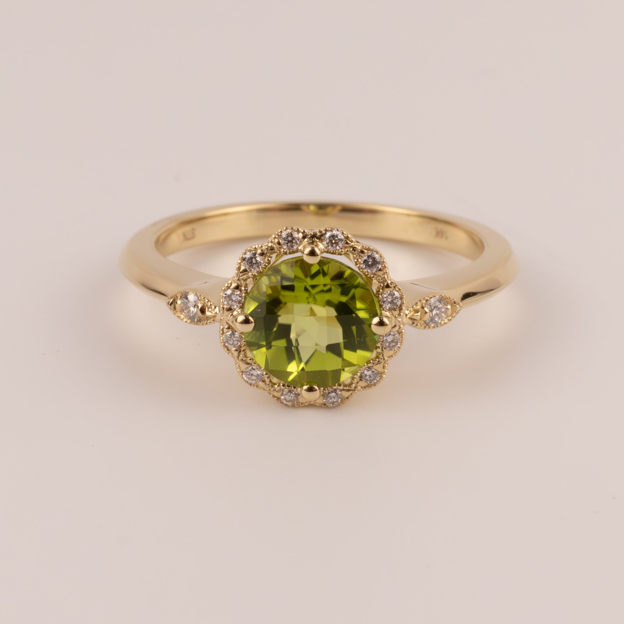 14KYG Peridot and Diamond Halo Filigree Ring