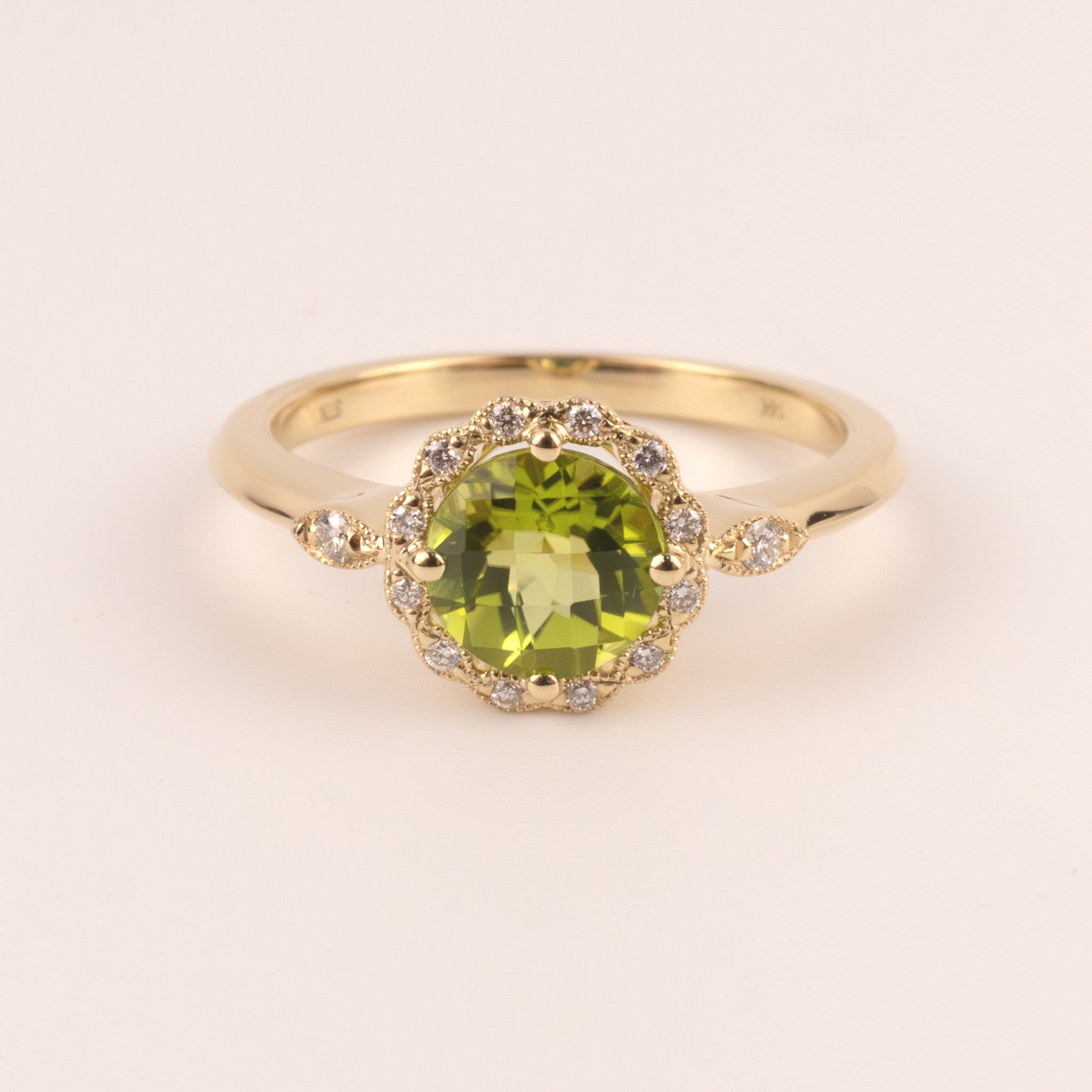 14KYG Peridot and Diamond Halo Filigree Ring