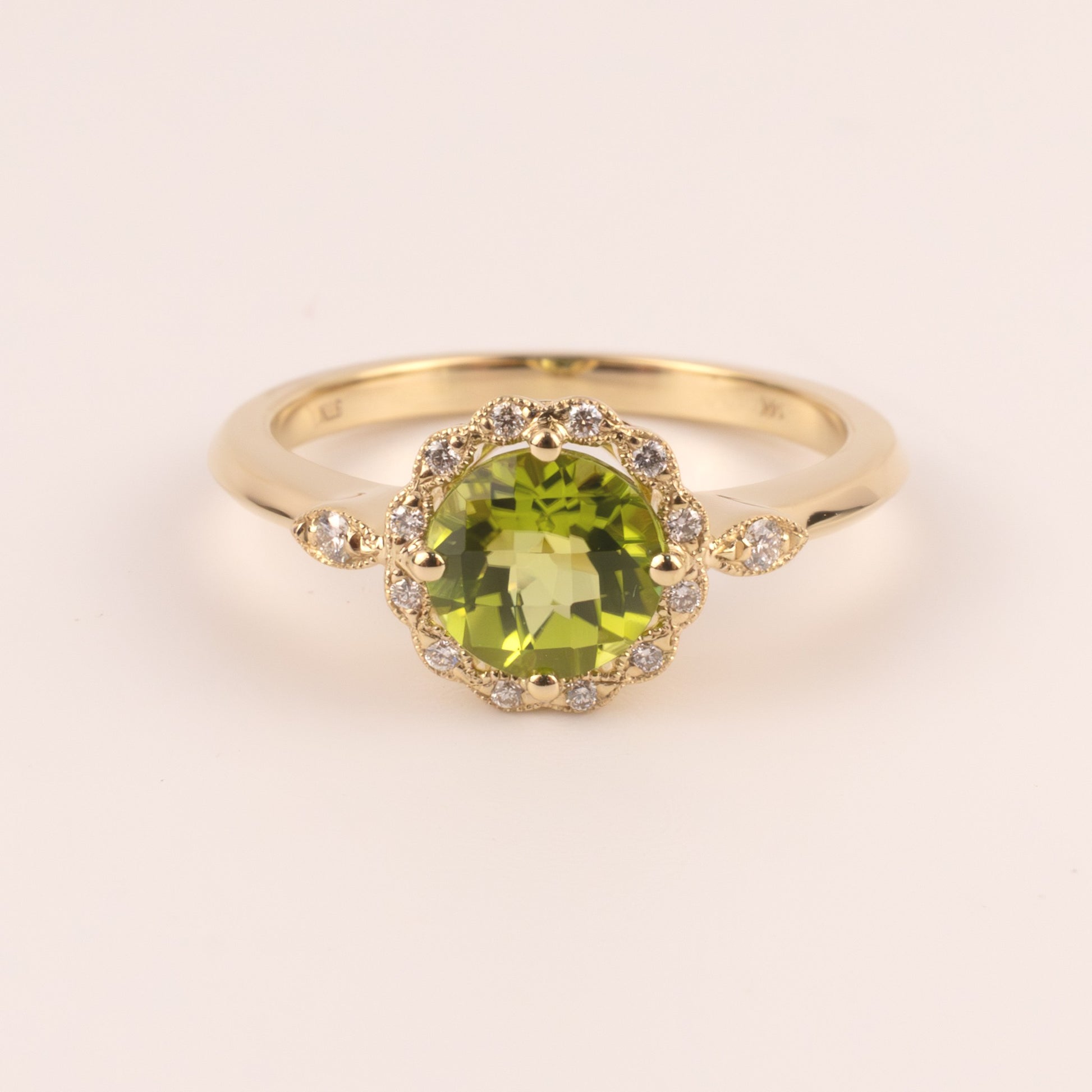 14KYG Peridot and Diamond Halo Filigree Ring