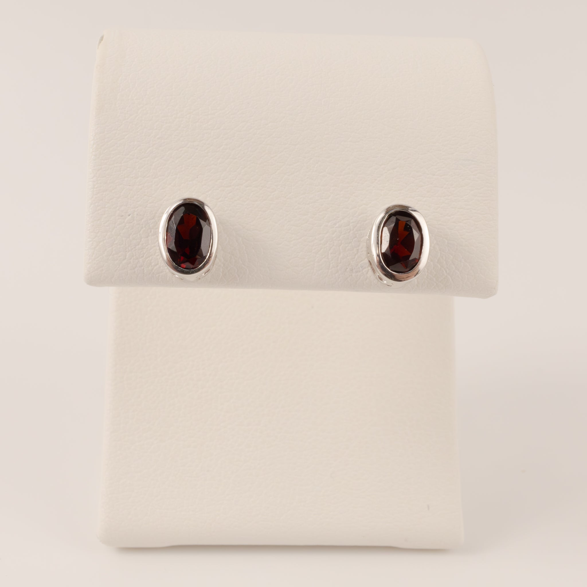 Sterling Silver Garnet Bezel Set Stud Earrings