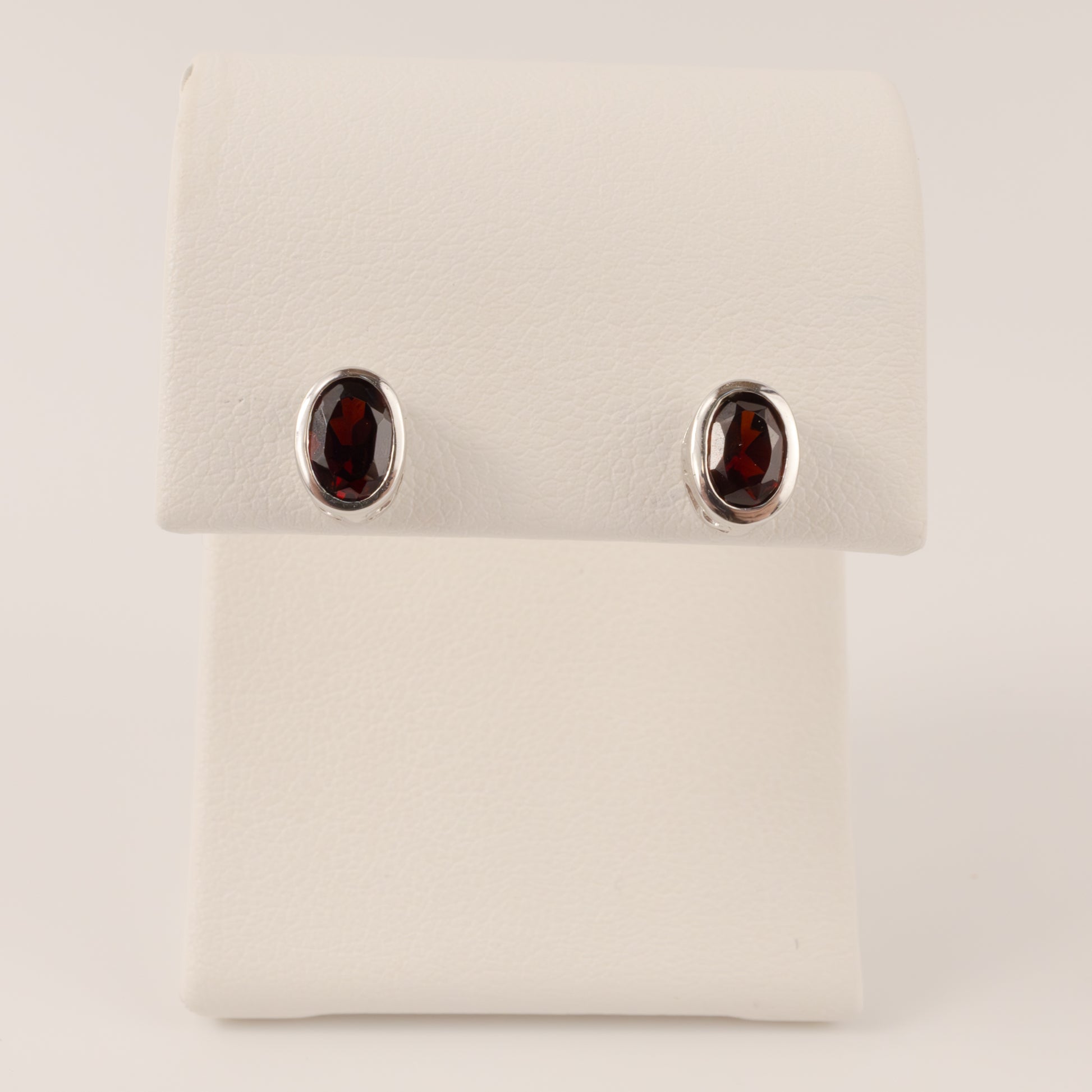 Sterling Silver Garnet Bezel Set Stud Earrings