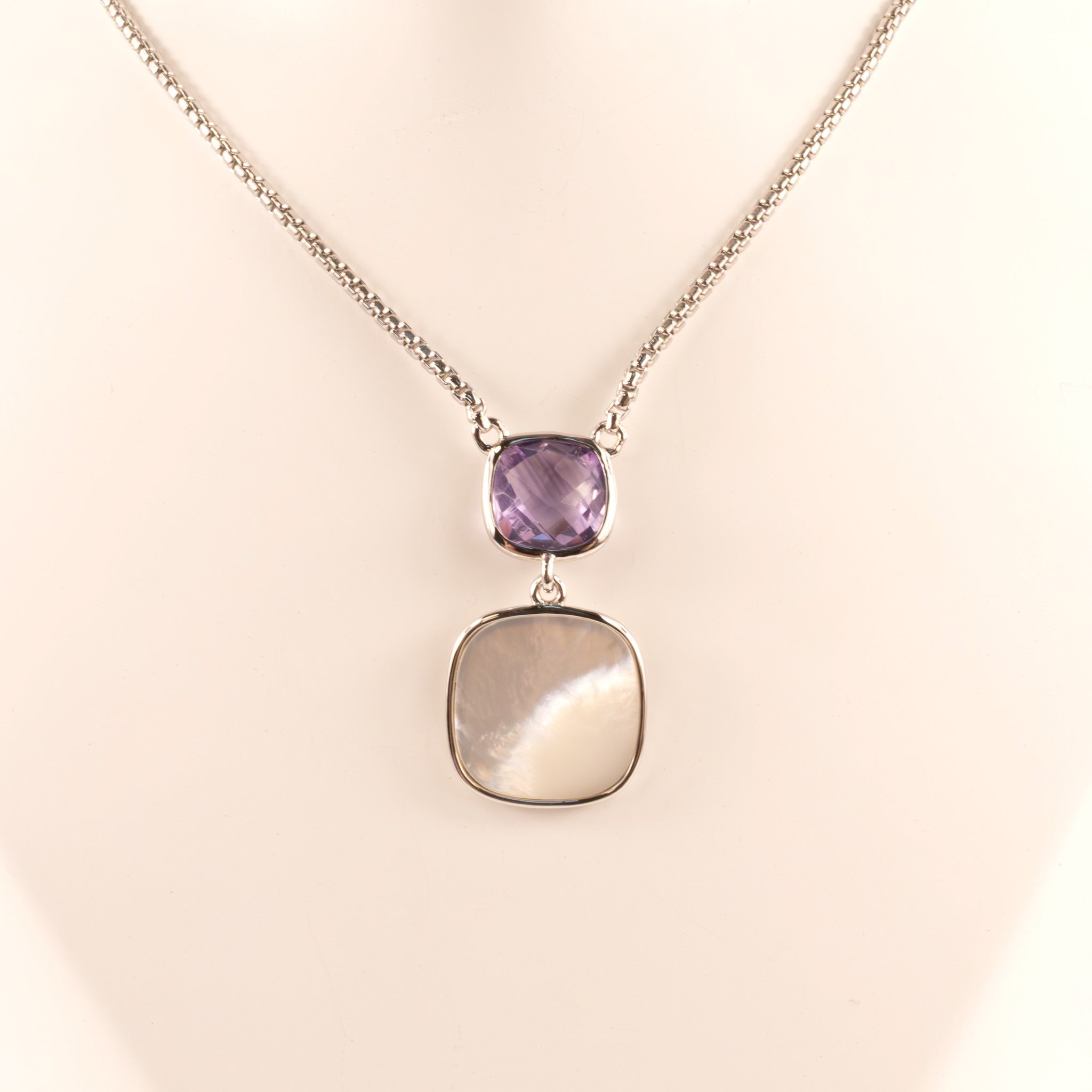 Sterling Silver Amethyst and Mother of Pearl Bezel Set Fixed Necklace
