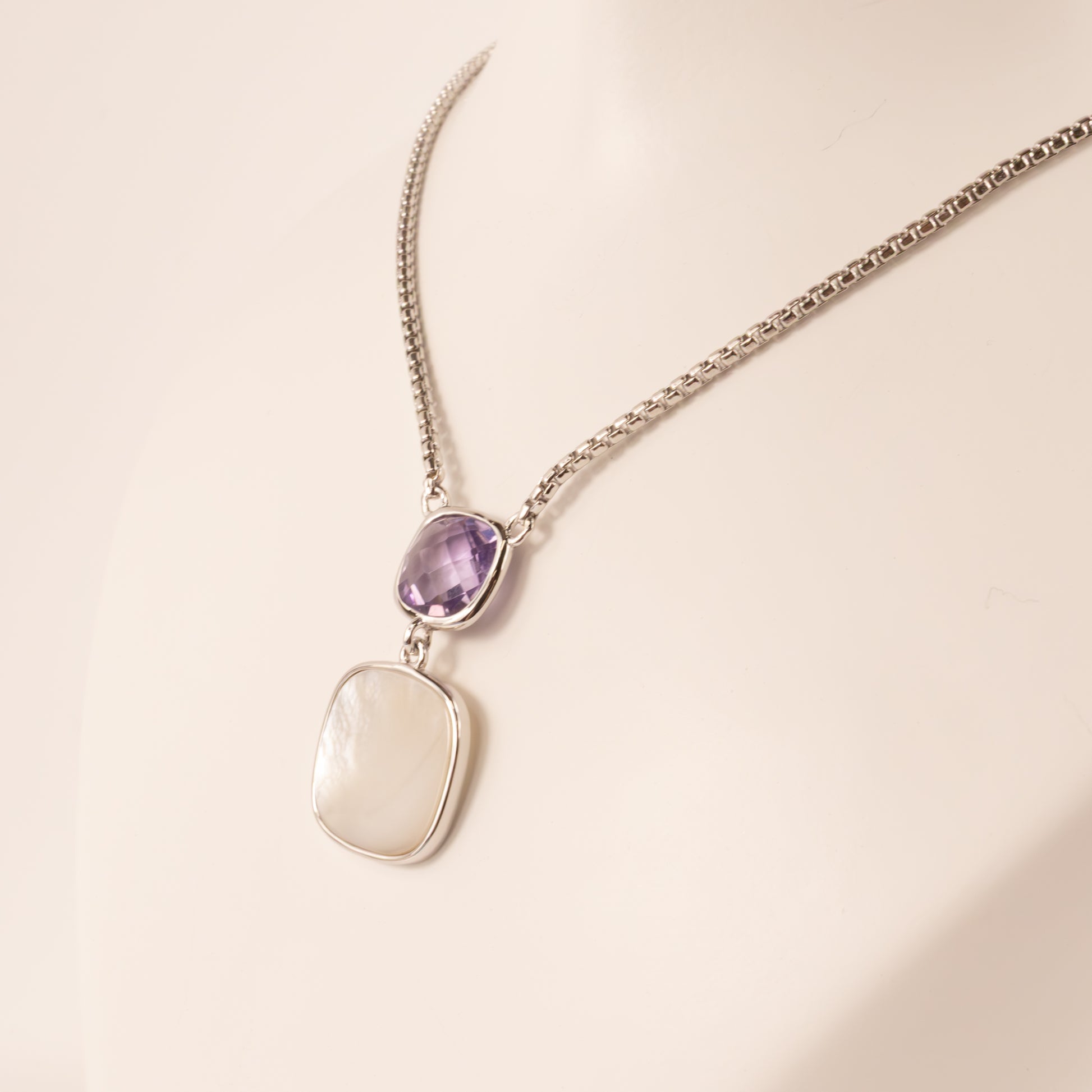 Sterling Silver Amethyst and Mother of Pearl Bezel Set Fixed Necklace