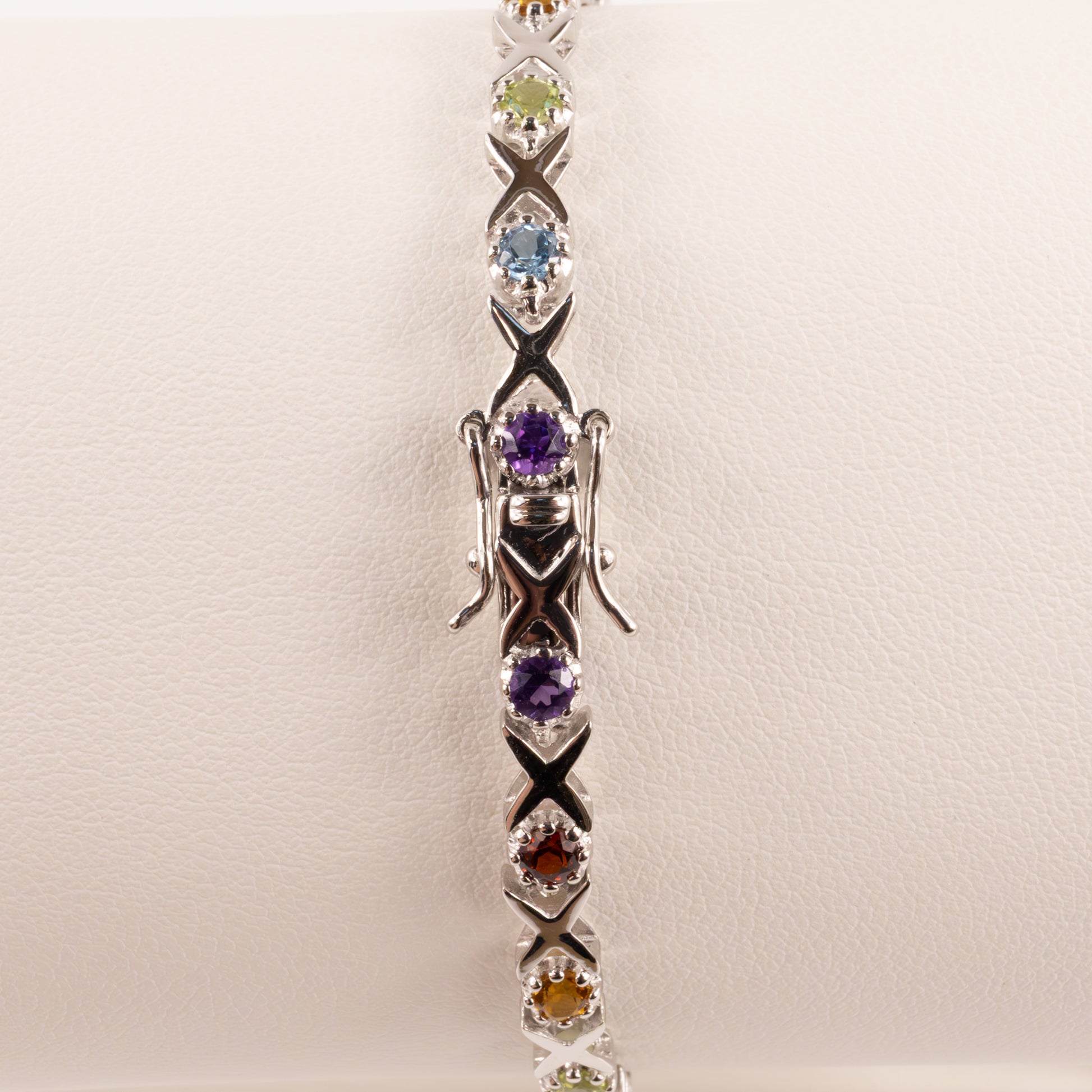 Sterling Silver Topaz, Citrine , Amethyst, Peridot, and Garnet Cross Stich Bracelet