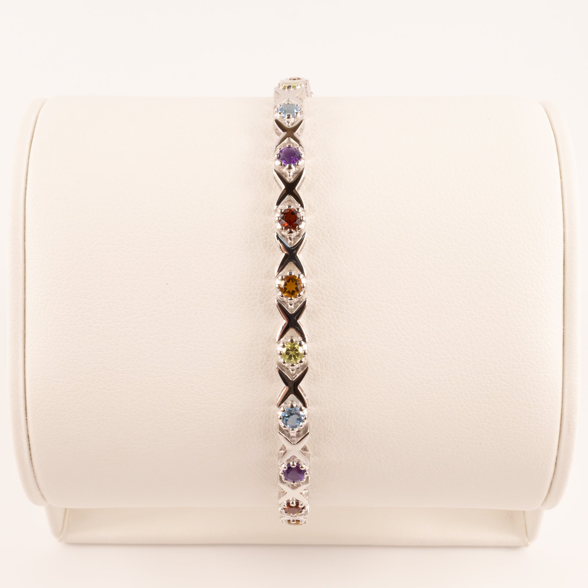 Sterling Silver Topaz, Citrine , Amethyst, Peridot, and Garnet Cross Stich Bracelet