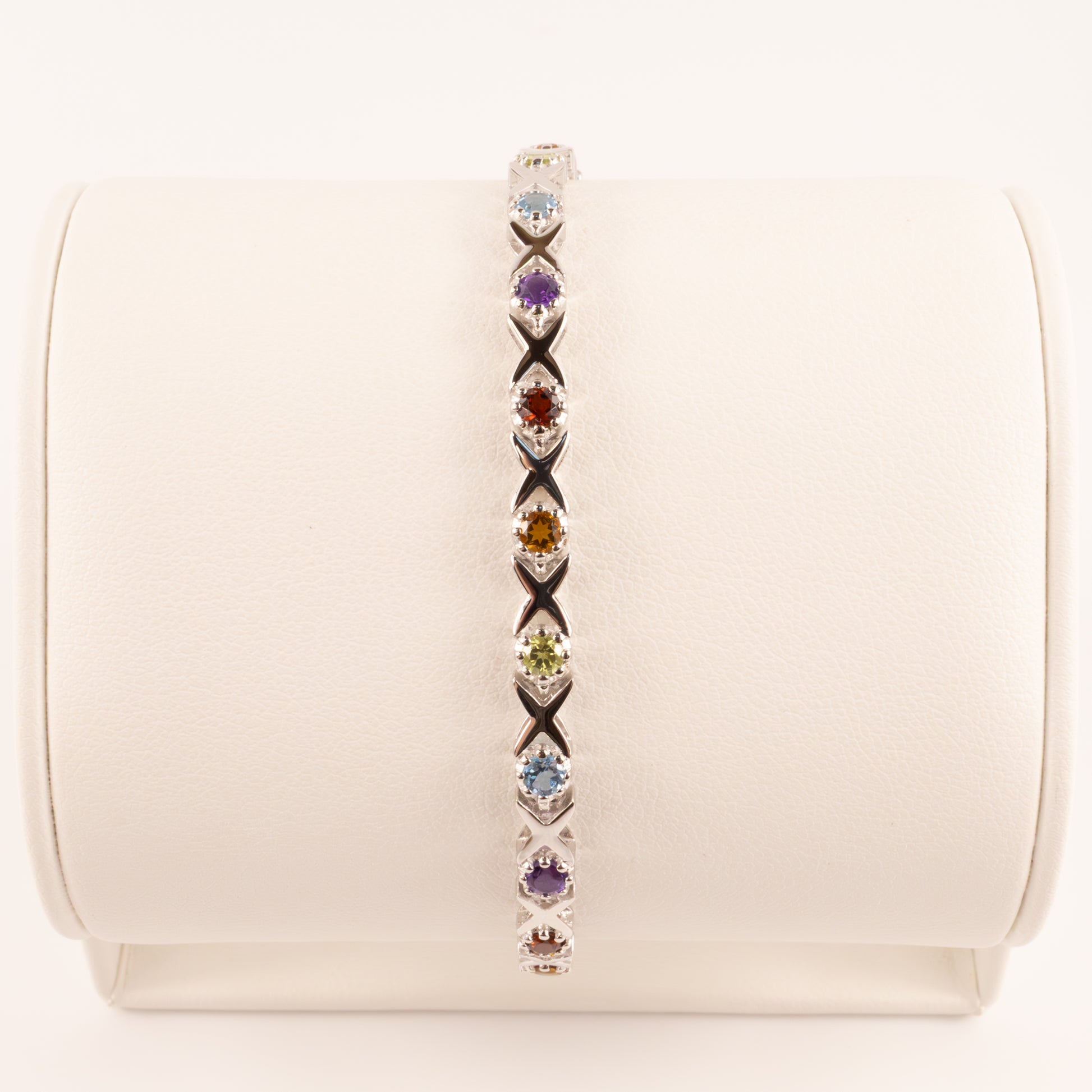 Sterling Silver Topaz, Citrine , Amethyst, Peridot, and Garnet Cross Stich Bracelet