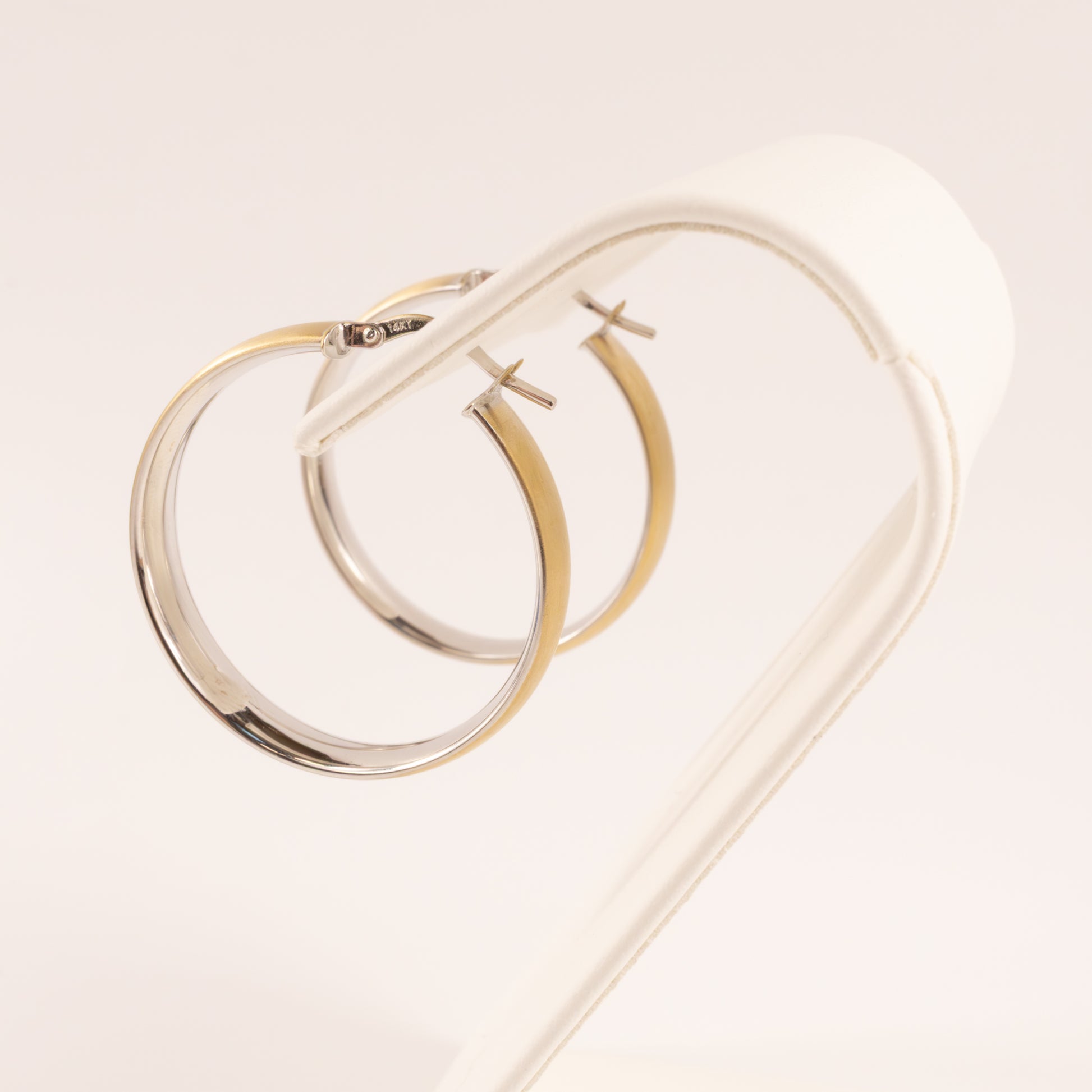 14K Two-Tone Satin Flat Tube 5x31mm Hoop Earrings