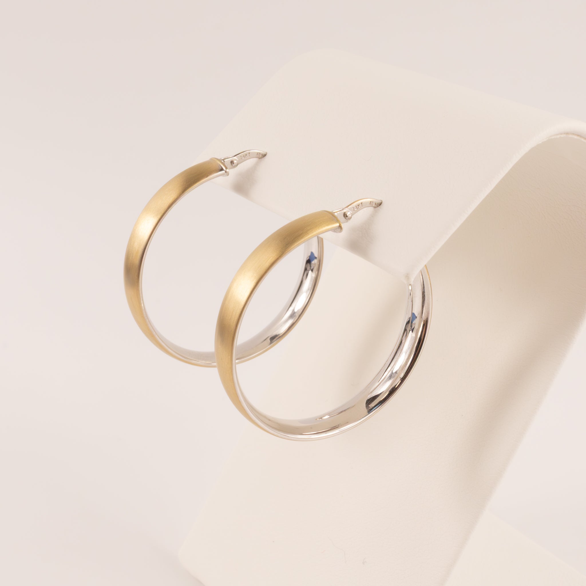 14K Two-Tone Satin Flat Tube 5x31mm Hoop Earrings