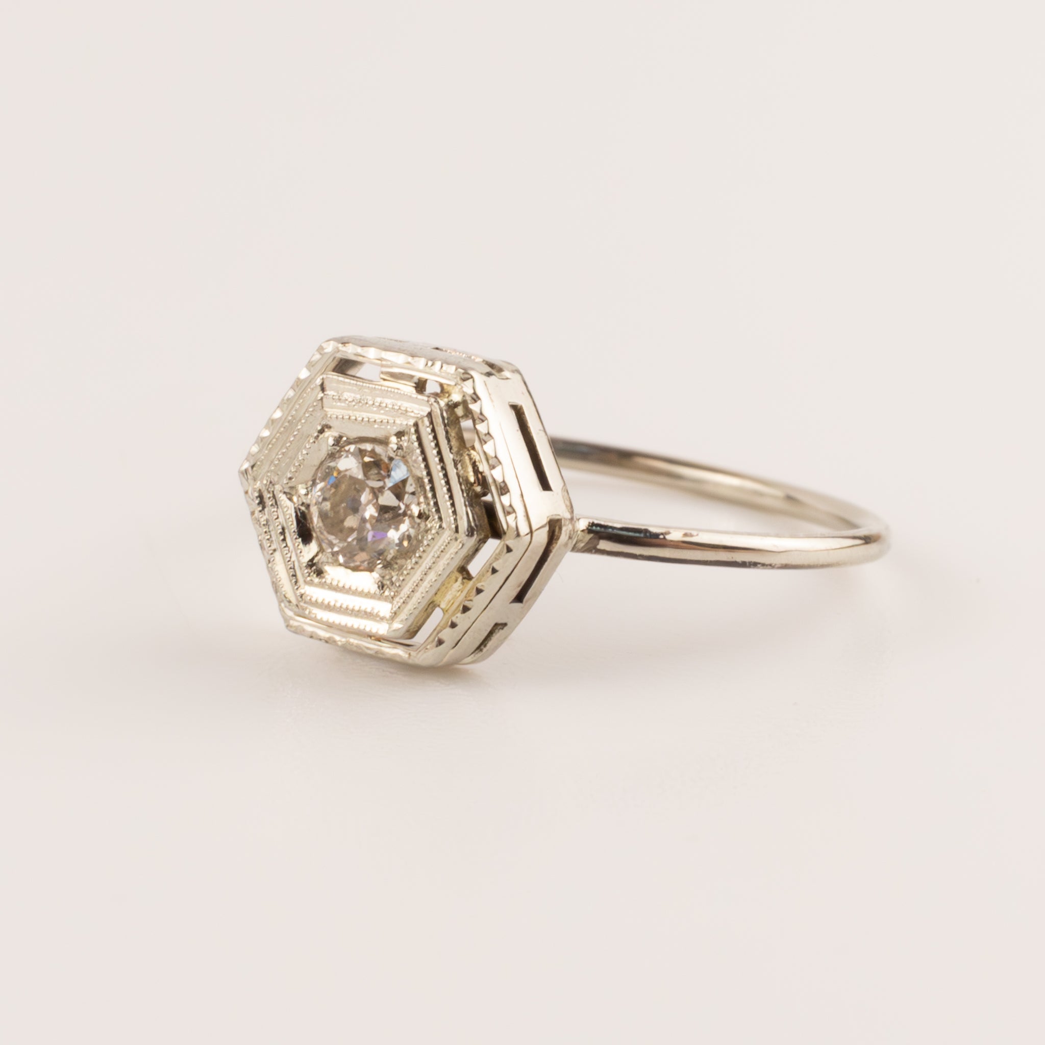 14KWG Antique Old Mine Diamond Custom Made Hexagon Ring